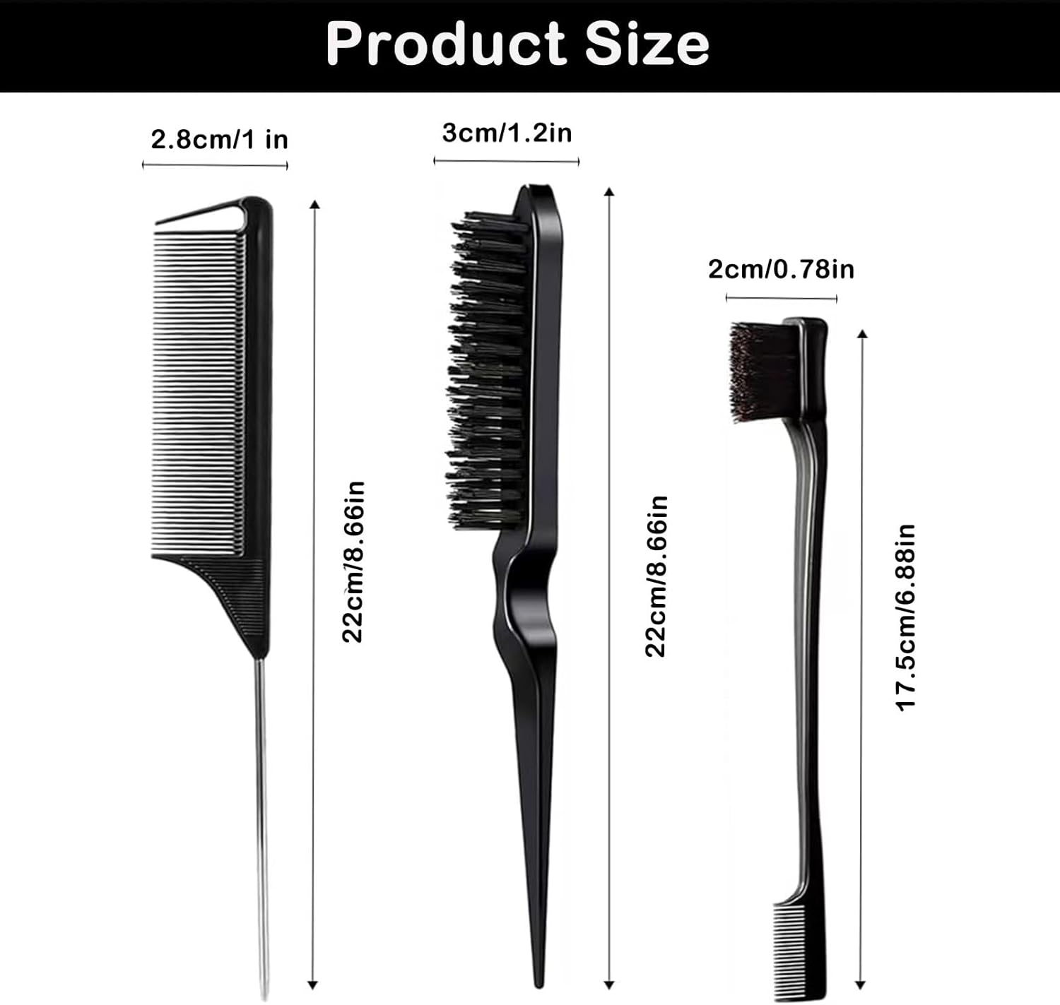 SYTHAK 6Pcs Hair Brush Styling Combs Set,Slick Bristle Hair Brush, Metal Pin Rat Tail Comb and Double Sides Edge Brush for Edge & Back Brushing, Women Girls Men Combing, Smoothing and Styling Hair. BLACK
