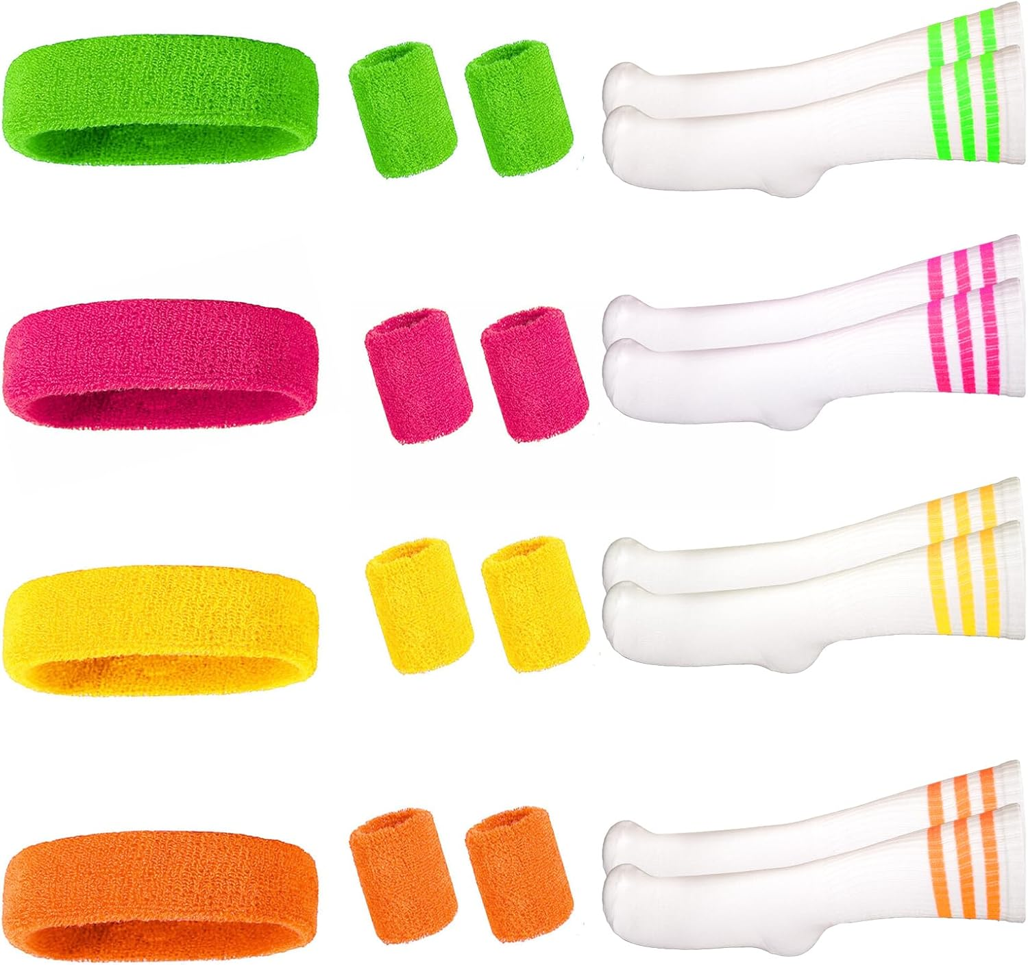 4 Sets Sweatbands Striped Socks Set 80S Headband Wristband Cotton Sock Colorful Sweat Bands Sports Athletic Accessory for Workout Mardi Gras Women image number 6