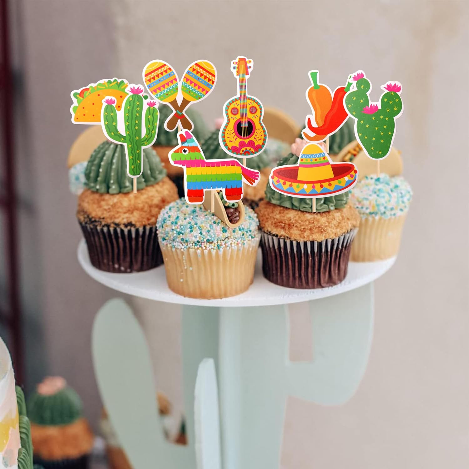32 Pack Mexican Fiesta Cupcake Toppers Assembled Cactus Donkey Maraca Sombrero Guitar Cupcake Picks Mexican Fiesta Theme Baby Shower Birthday Party Cake Decorations Supplies image number 3