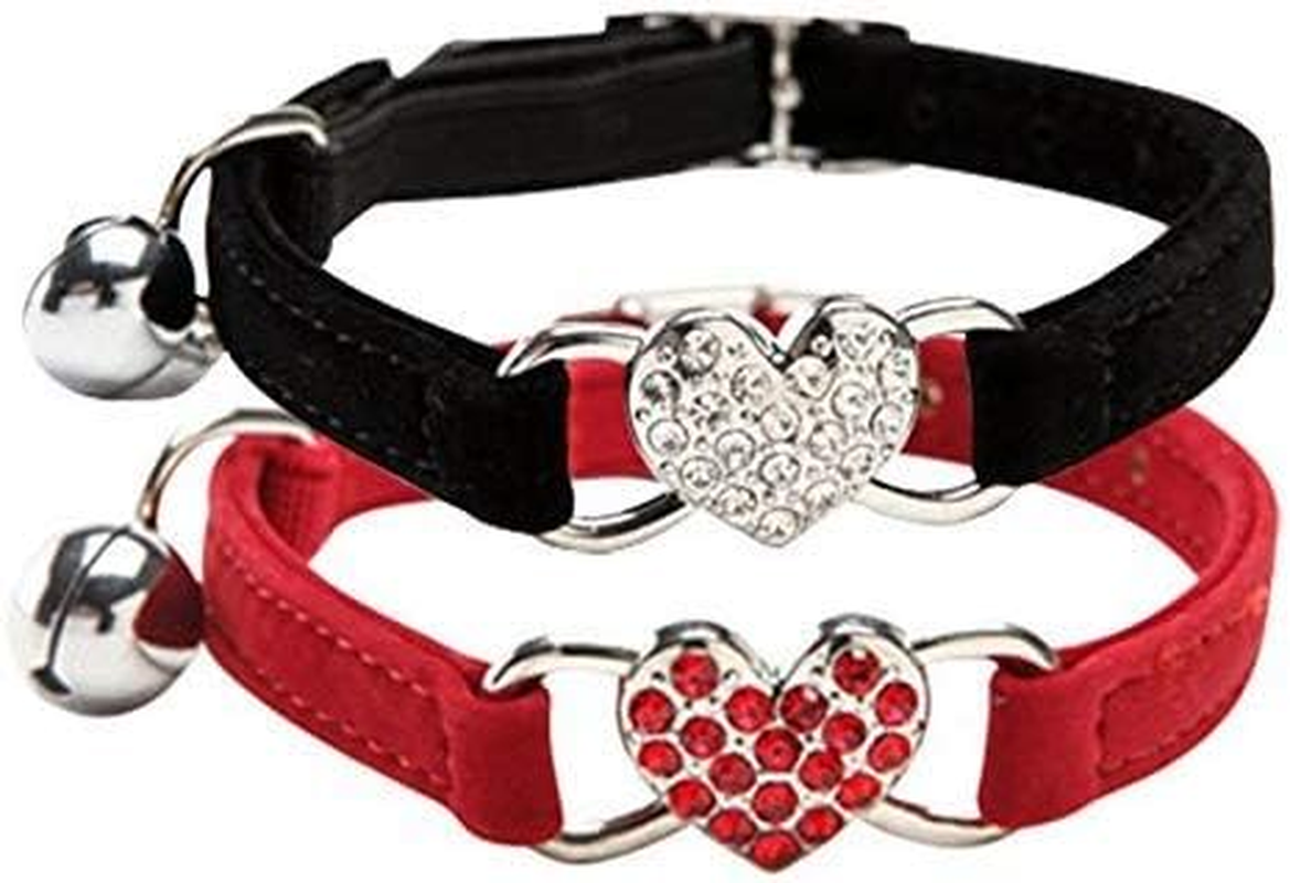 CHUKCHI Adjustable Cat Collar with Bell and Heart Pendant with Crystal Stones Soft Velvet Fabric Safe Collar 8-11 Inch