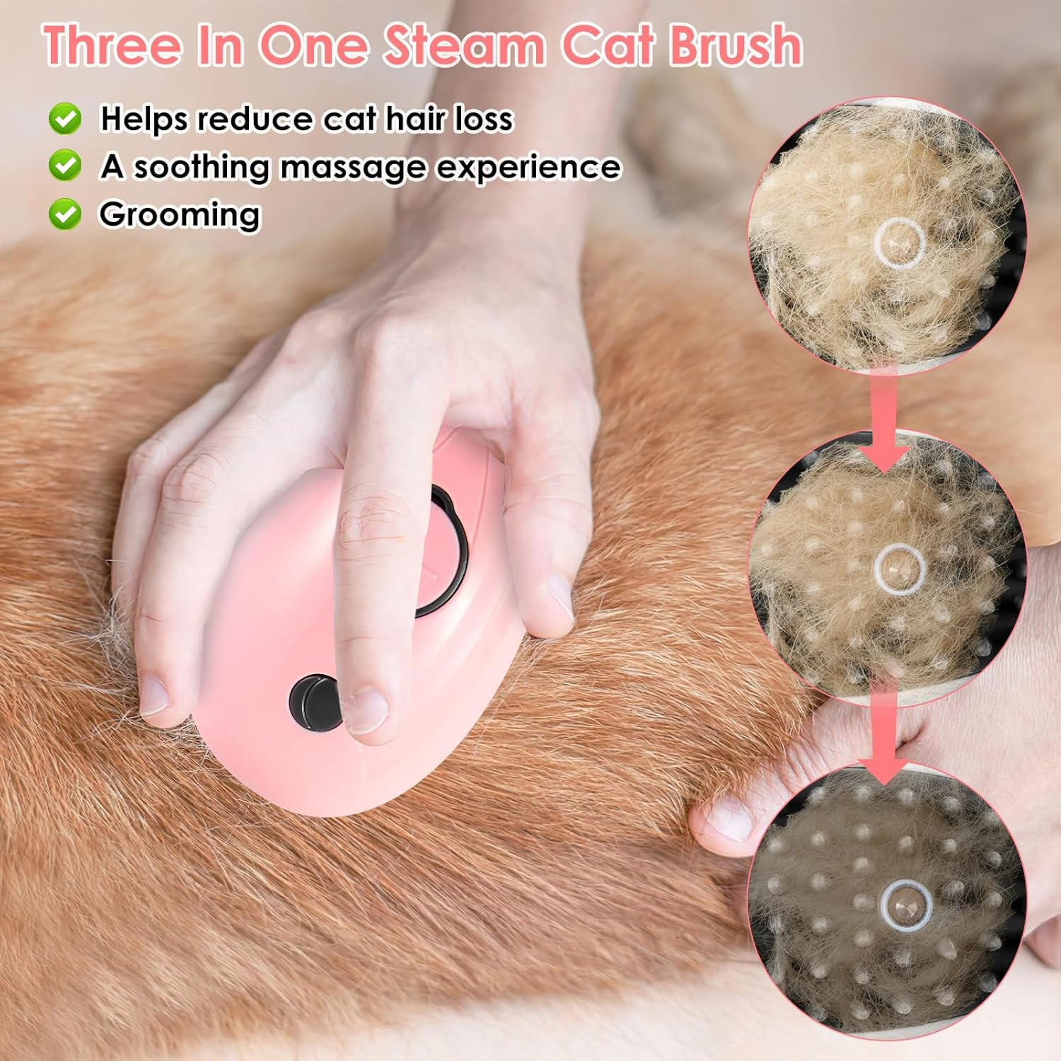 Cat Steam Brush 3 in 1 Spray Cat Brush Usb Rechargeable Steaming Cat Grooming Brush Knot and Loose Hair Removal Brush Pet Shedding Comb for Cat and Dog Pet (Pink) - Pink image number 3