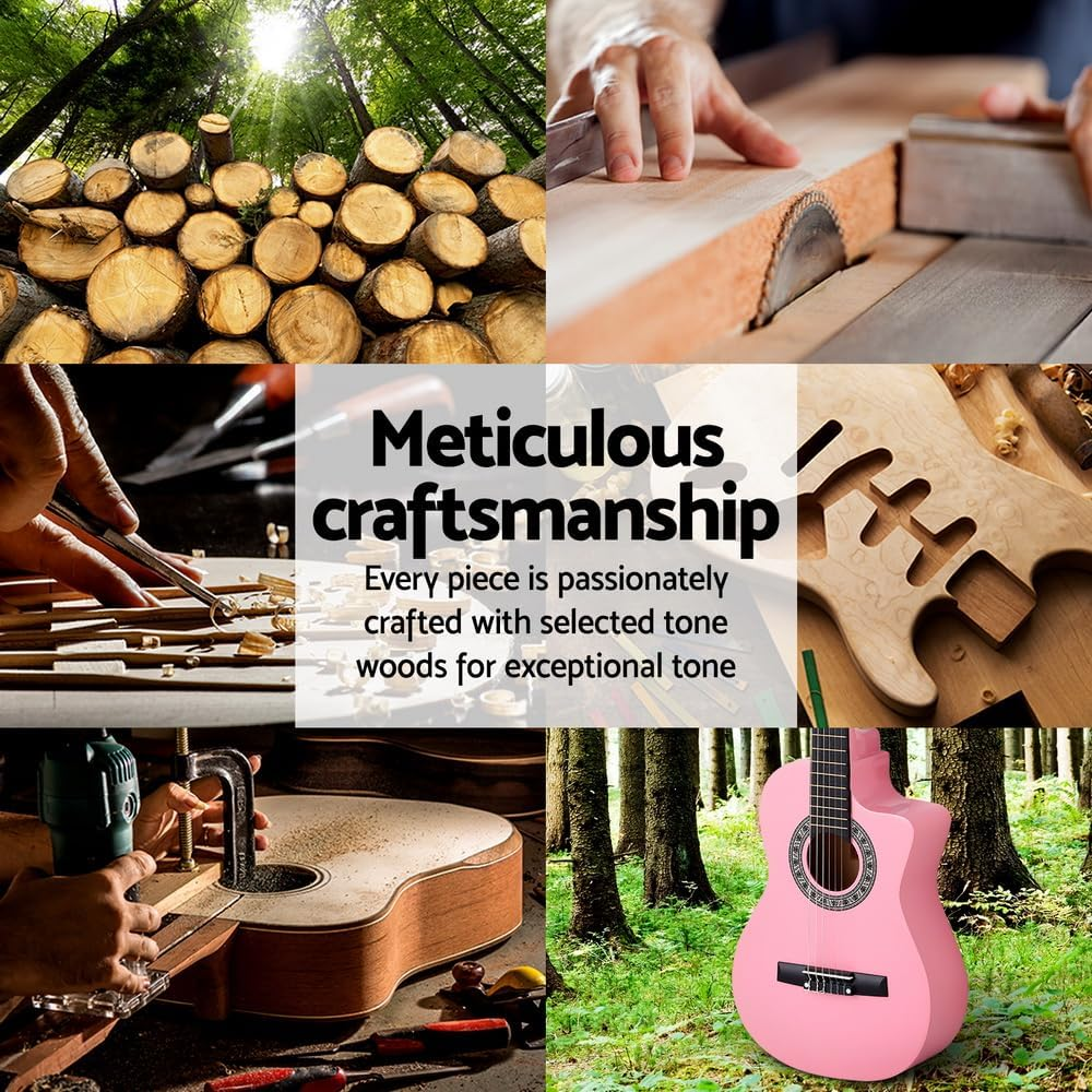 Alpha 34 Inch Guitar, Acoustic Classical Full Size Wooden Guitars Musical Instruments Kids Adult Children Beginner, 19 Frets and 6 Strings with Carry Bag, 3 Picks Pink image number 5