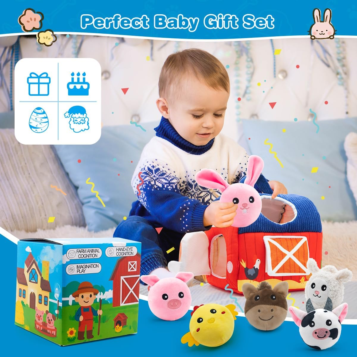 SPANKAR Baby Toys 6-12 Months,Soft Barn Toys with Stuffed Farm Animals,Rattle,Crinkle Paper, Squeaker, Mirror,Montessori Toys for Toddlers 1-3,Newborn Toy for Baby Boys Girls Birthday Gifts image number 3