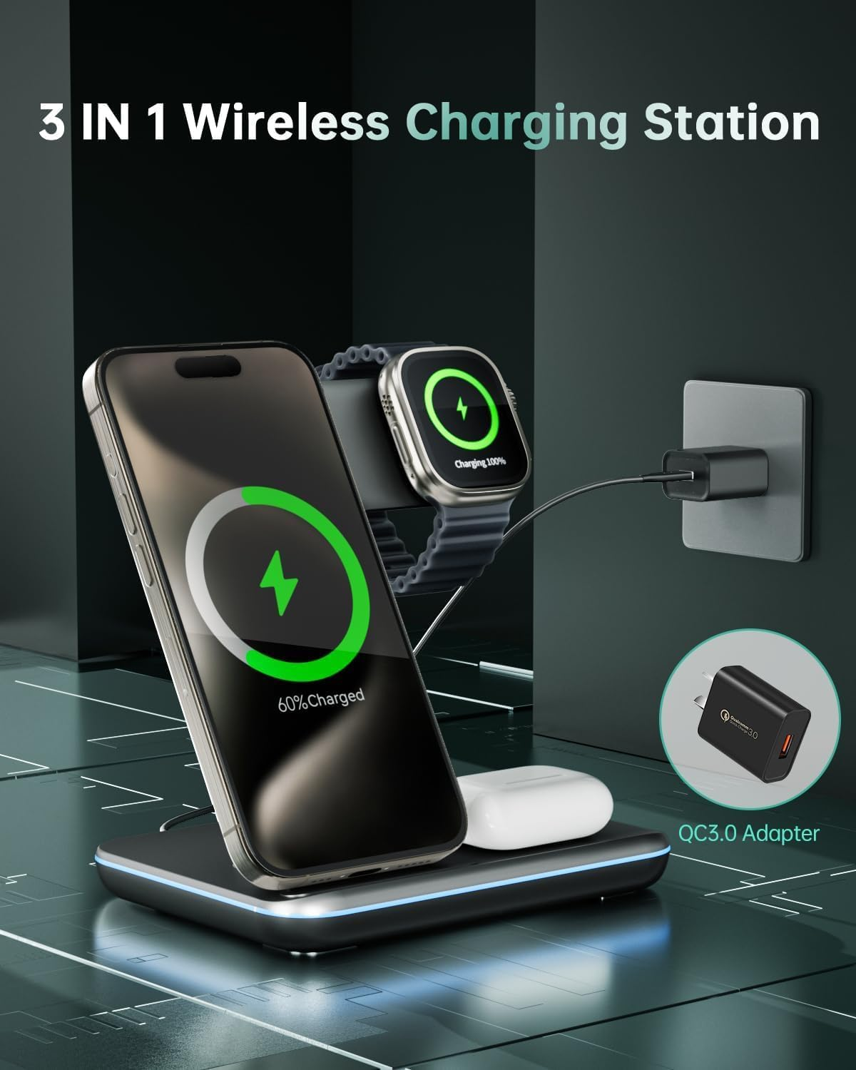 3-In-1 Wireless Charger for Apple, 15W Fast Wireless Charging Station, 3 In1 Wireless Charger Dock Compatible with Iphone 16/15/14, Airpods, Apple Watch, Iwatch 10/9/8 image number 3