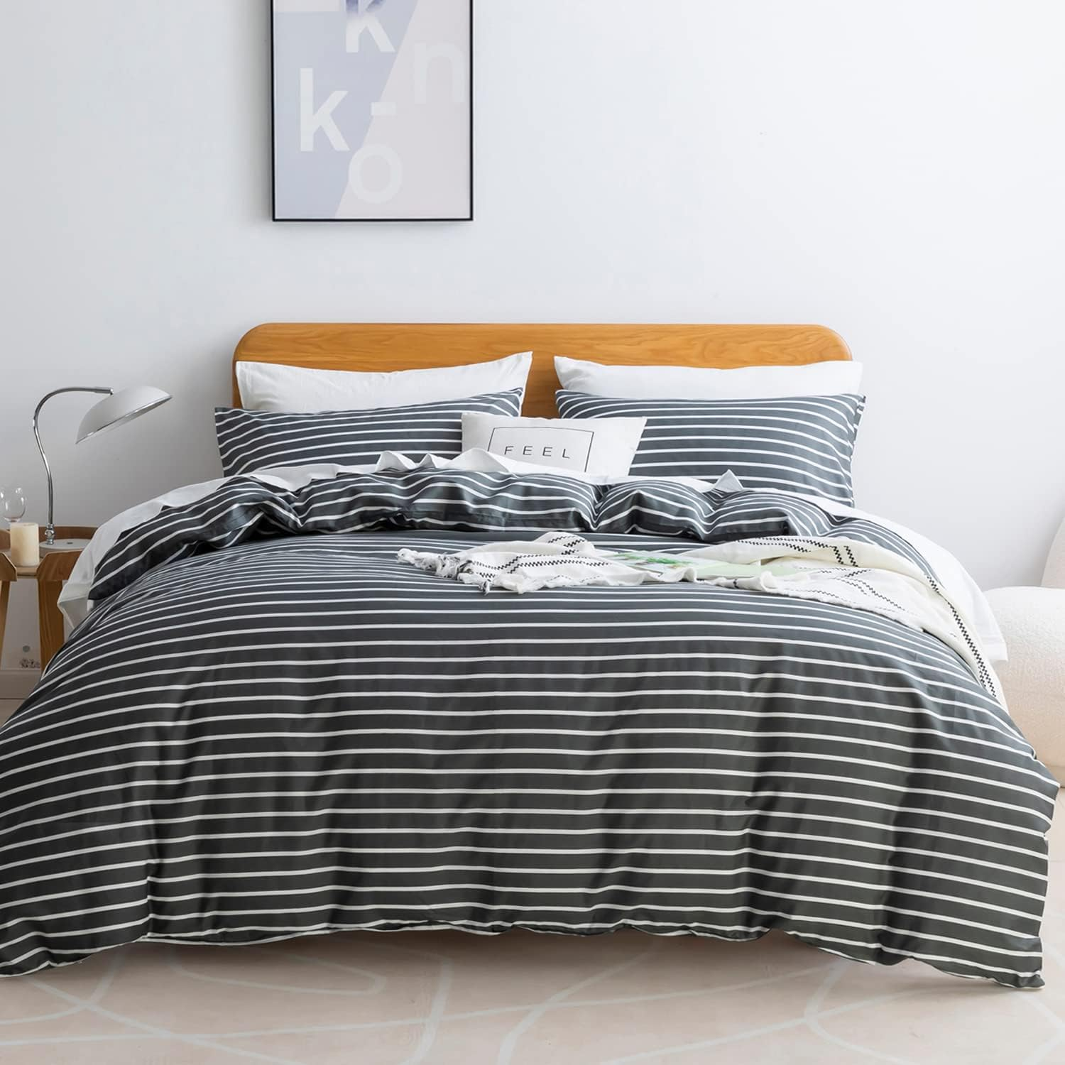 JELLYMONI 100% Natural Cotton 3Pcs Striped Duvet Cover Sets, Dark Grey Duvet Cover with White Stripes Pattern Printed Comforter Cover, with Zipper Closure & Corner Ties(Queen Size) image number 2
