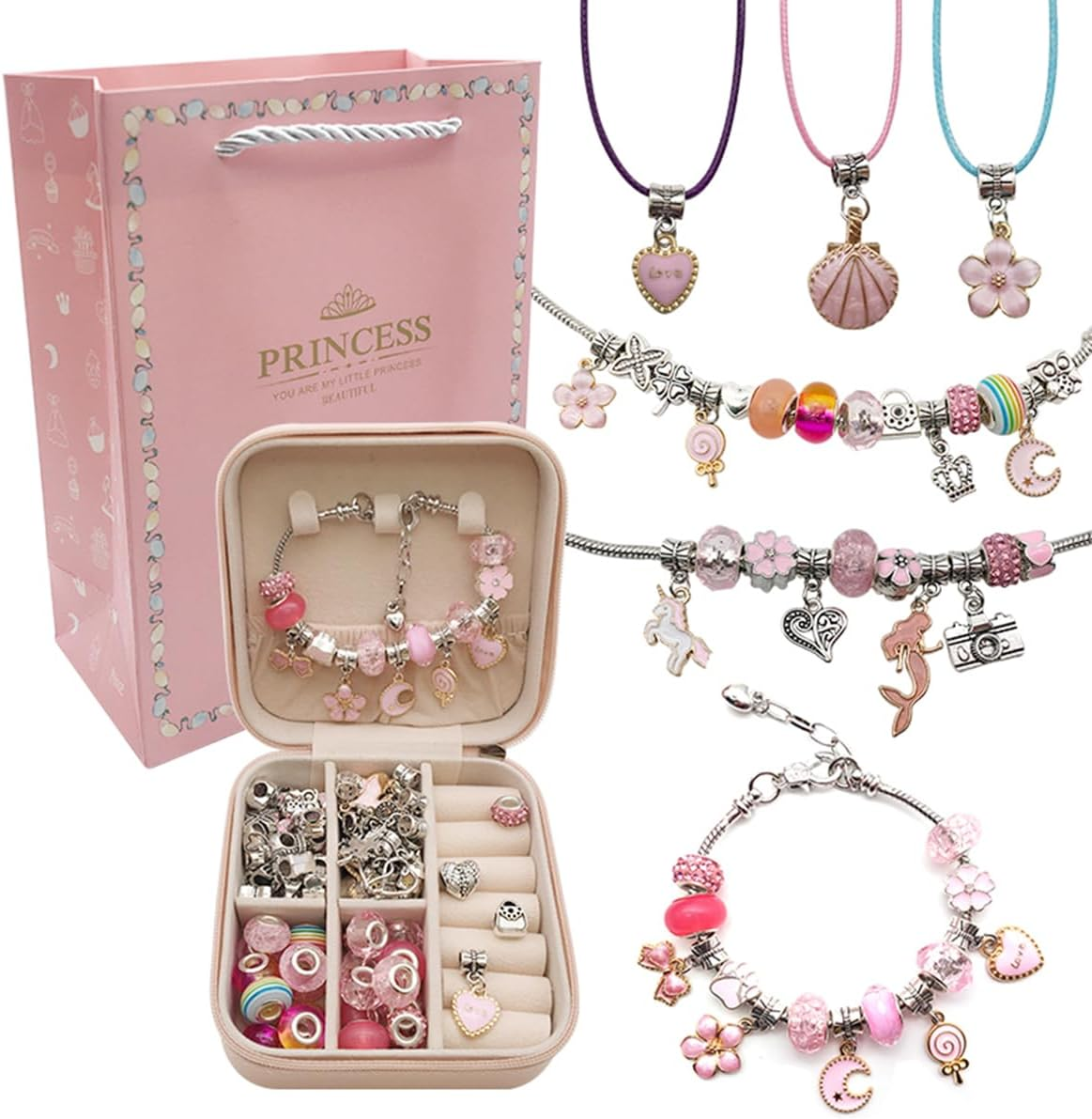 66Pcs Bracelet Making Kit for Girls, Charm Bracelets Kit with Jewelry Box, Jewelry Charms, Bracelets for DIY Craft, Gifts for Girls Ages 6-12 Years Old (Christmas)