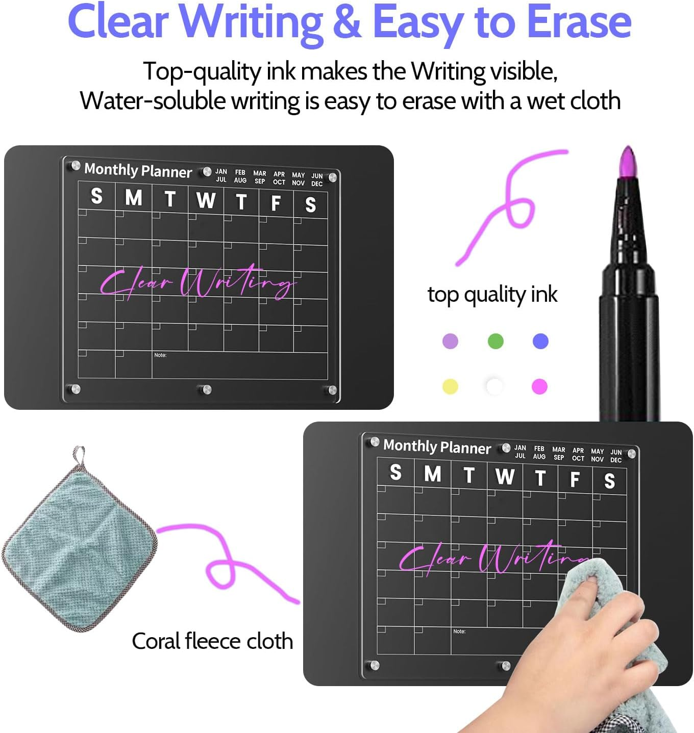 Clear Acrylic Magnetic Calendar for Fridge - 2Pcs 16"X12" Magnet Monthly and Weekly Wet Erase Board for Refrigerator Reusable Planner Includes 6 Colorful Markers,Magnetic Pen Holder and Erase Towel image number 2