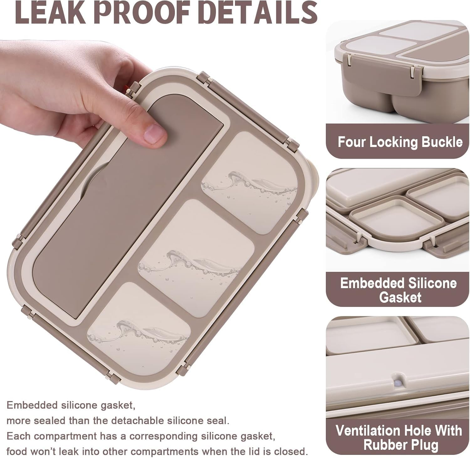 Jiaozoum Bento Box Lunch Box, 4 Compartments Containers for Kids Men Women, Reusable Food Storage with Utensils for Work, School, Camping and Travel (Brown) image number 3