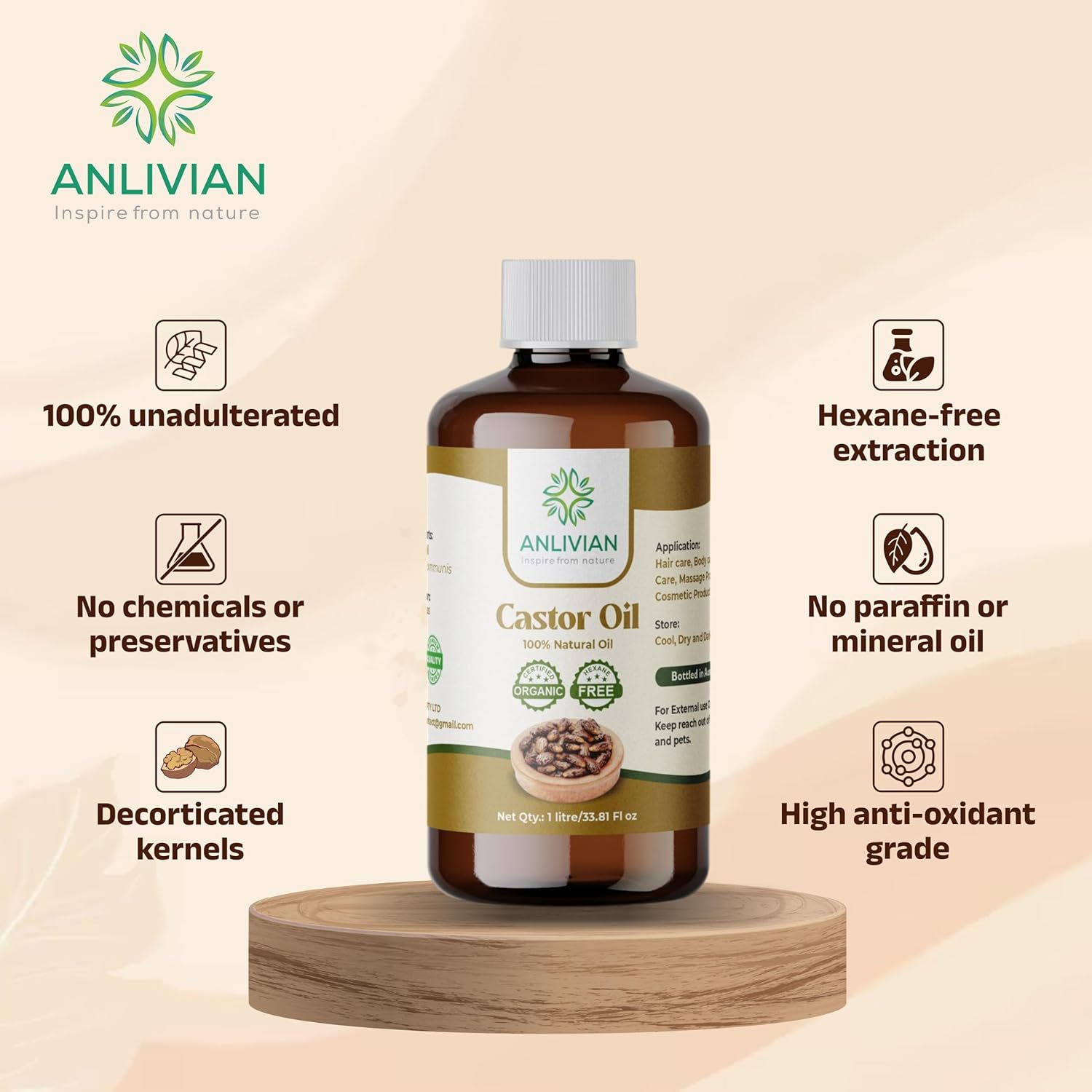 Anlivian Castor Oil 100% Pure | Organic Hexane-Free |1 Litre | Glass Bottle | Hair Growth, Eyebrows, Eyelashes & Skin Care | Moisturizer for Dry Skin | Natural & Cold-Pressed