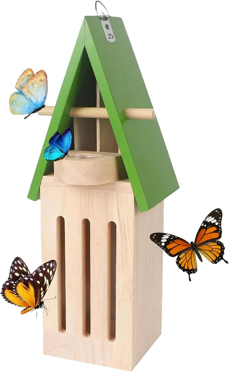 Wooden Butterfly House with Nectar Feeder & Hanging Hooks, Backyard Wildlife Shelter for Outdoor Use image number 4