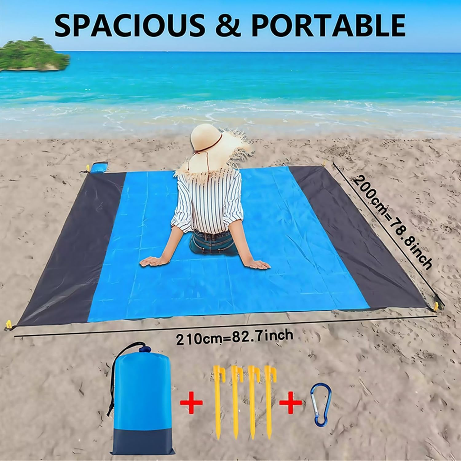 Extra Large Waterproof Picnic Blanket ： Beach Mat, Outdoor Camping Mat &ndash; Foldable, Portable, Sandproof, Tear-Resistant with Carry Bag for Family & Travel (Blue) - Blue image number 2