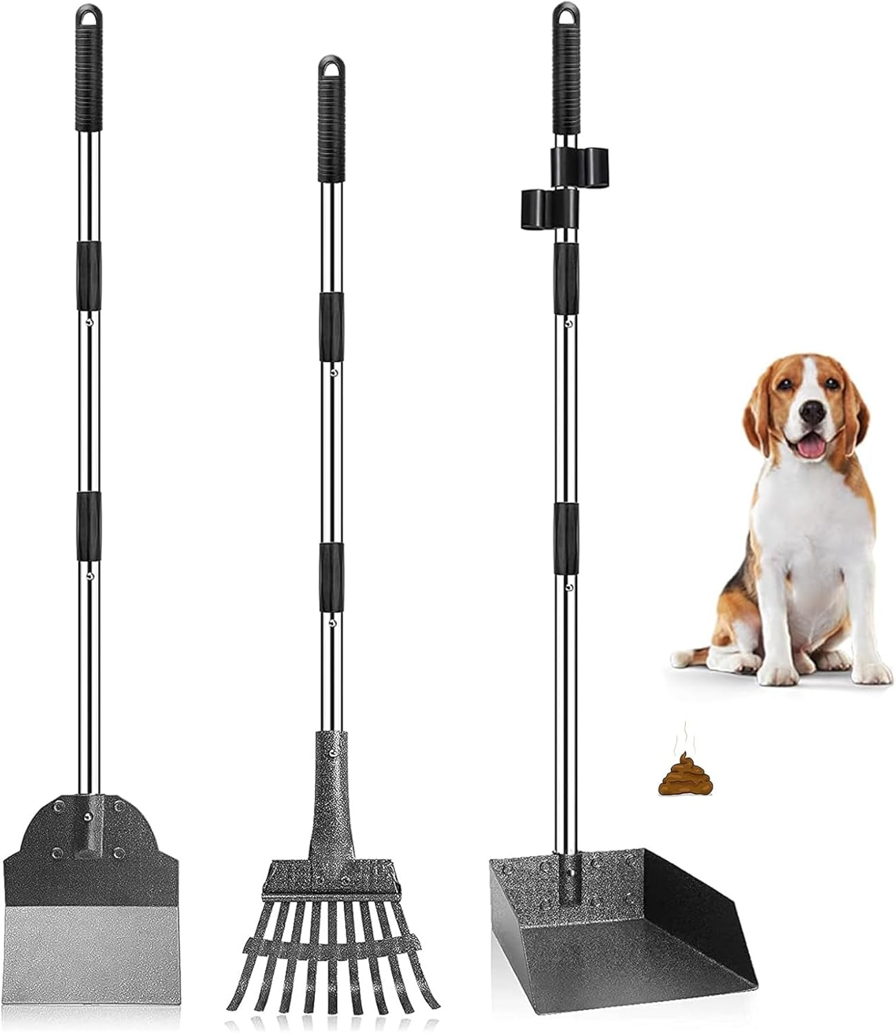 Dog Pooper Scooper, Adjustable Long Handle Poop Scooper with Tray, Rake and Spade, Steel Stainless Poop Scoop for Small Medium Large Dogs and Pet, Waste on Grass, Dirt or Gravel