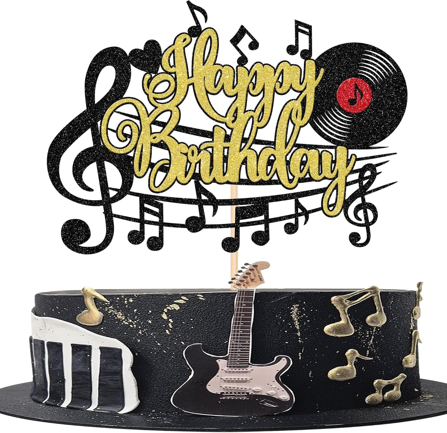 SYKYCTCY 1 Pack Music Happy Birthday Cake Topper Glitter Musical Symbol Note Microphone Lover Birthday Cake Pick for Music Concert Singer Theme Birthday Party Cake Decoration Supplies (#1)