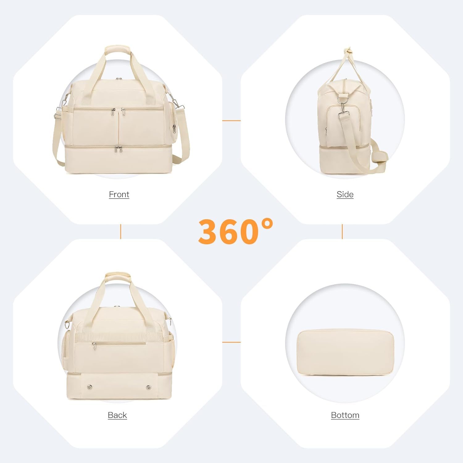 Kono Travel Duffel Bag 32L Water-Resistant Gym Tote Bag with Shoes Compartment Cosmetic Bag Detachable Shoulder Strap Lightweight Holdall Luggage Bag Weekend Bag with Trolley Sleeve - Grey image number 3