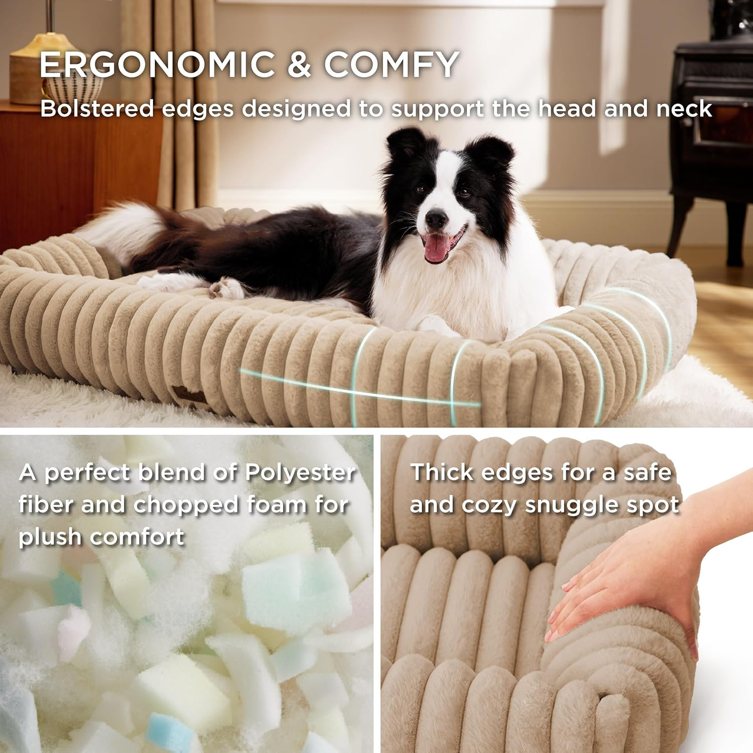 Pet Couch Bed for Large Dogs - Washable Furry Puppy Beds, Rectangle Orthopedic Corduroy Fleece Pet Beds with Removable Zipper Cover (Beige, 92 X 69 X 20 CM)