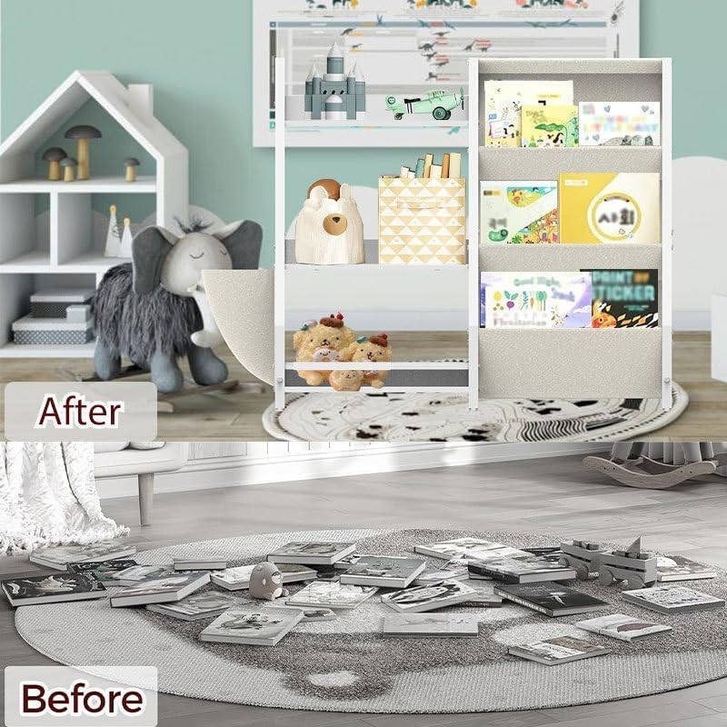 Uandhome Kids Bookshelf and Toy Storage Organizer Montessori Toddler Bookcase Book Sling Shelf for Kids Rooms, Nursery Book Shelves,Bookshelf Storage Shelf Display Includes Extra Side Pockets (S) image number 1