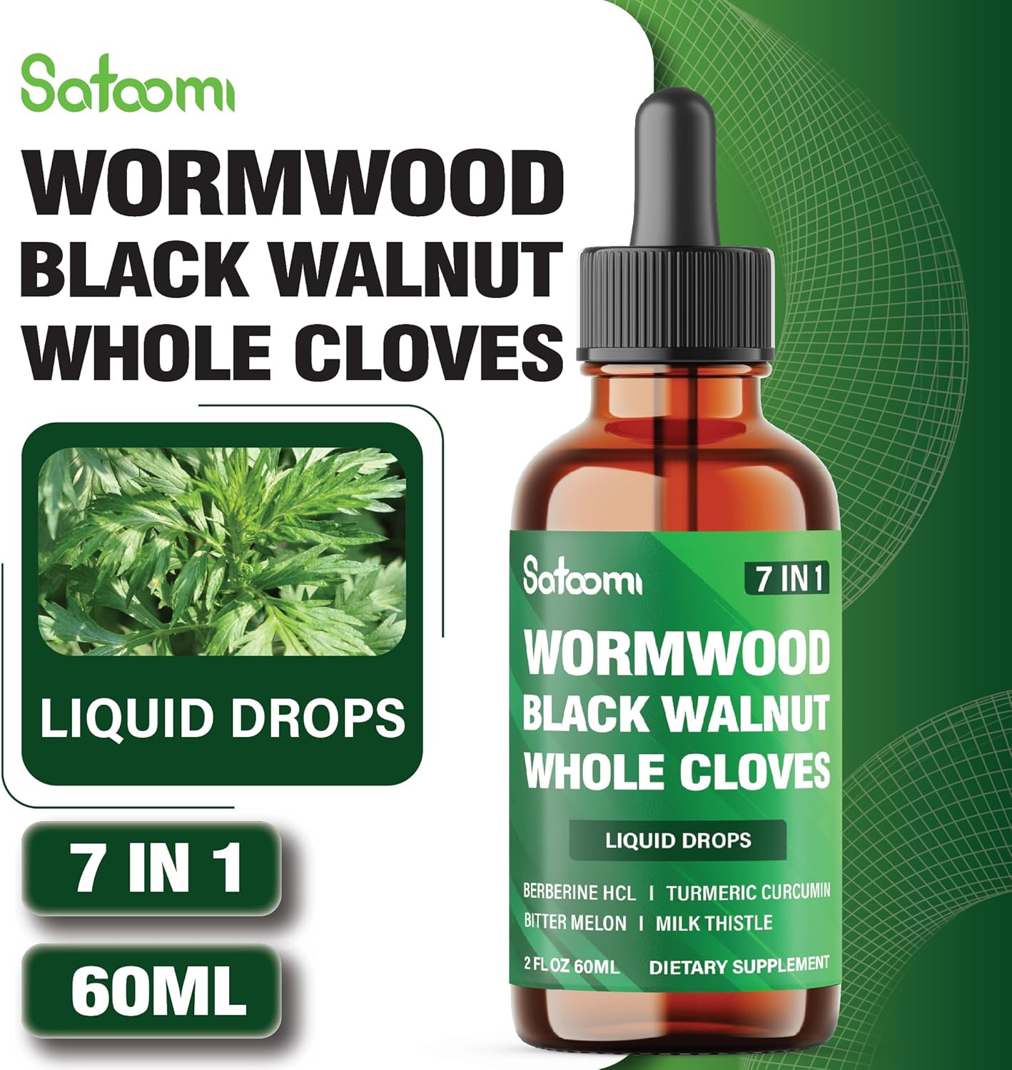 SATOOMI 7In1 Wormwood Liquid Drops with Black Walnut, Whole Cloves, Berberine, Milk Thistle, Bitter Melon and Turmeric - 60Ml for 60 Days image number 5