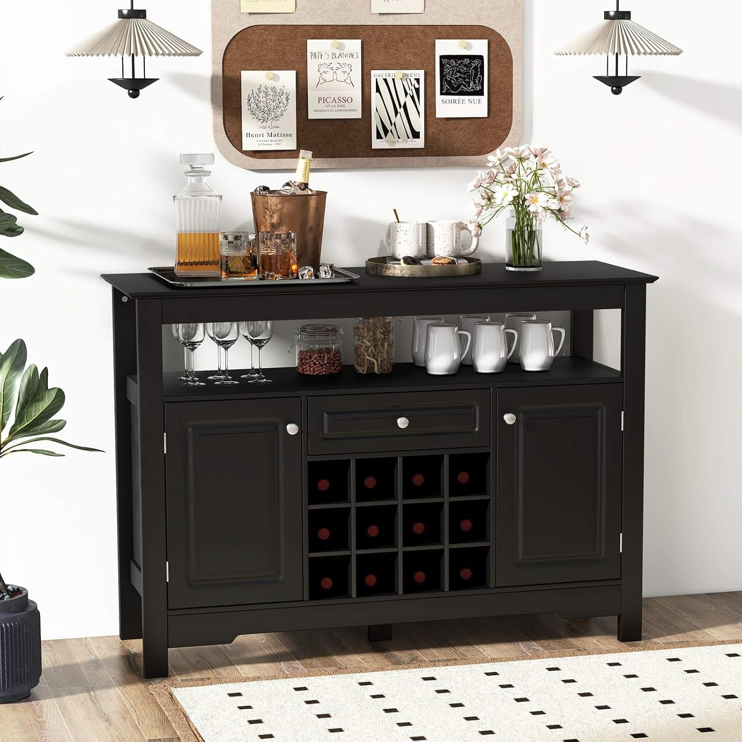 Costway Buffet Sideboard, Wine Liquor Coffee Bar Cabinet W/Removable Wine Rack, Floor Pantry Cupboard W/ 2 Doors & Drawer, Multipurpose Storage Cabinet TV Stand for Kitchen, Dining Room (Black) - White image number 6
