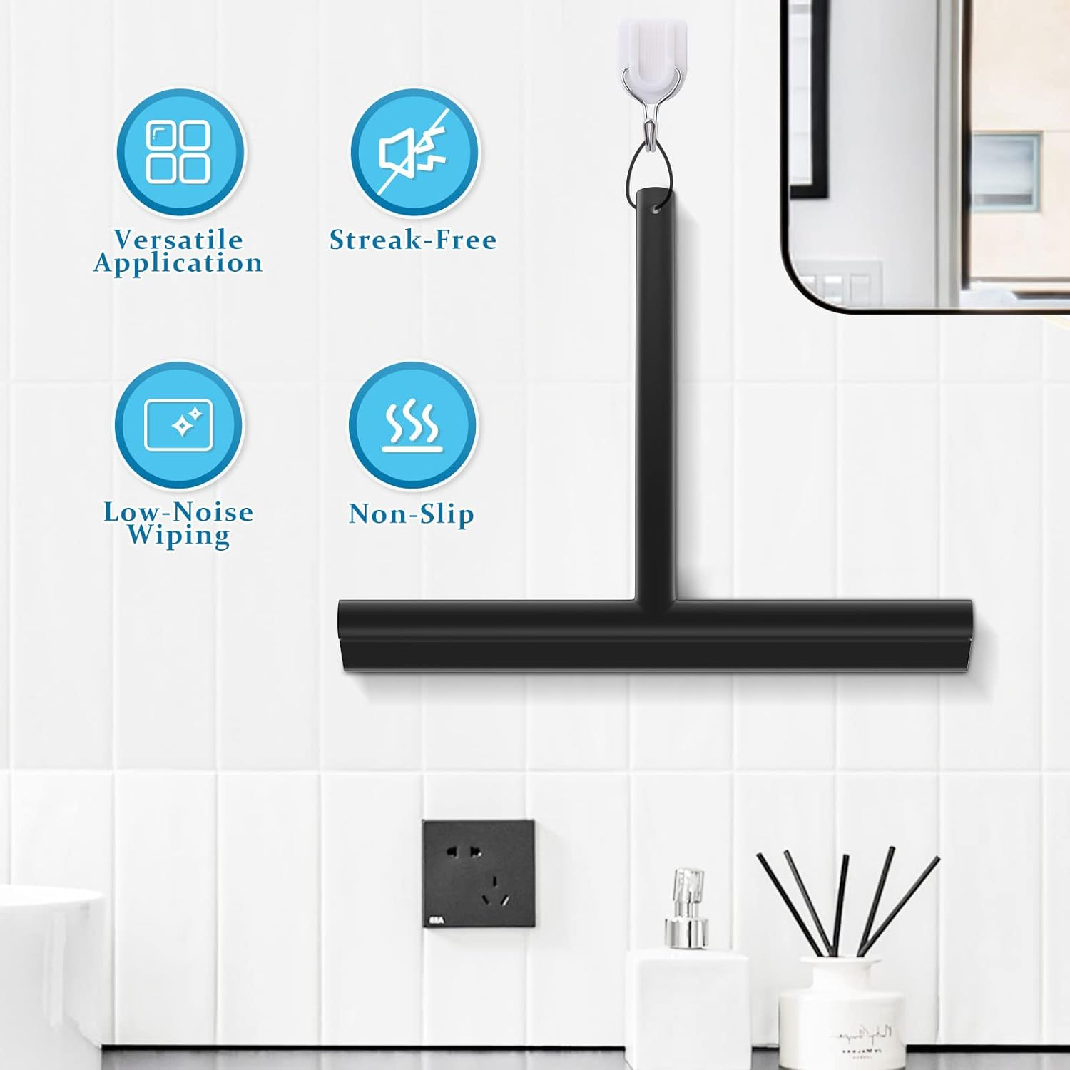 MOSUO Shower Squeegee, Shower Squeegee, Silicone with Holder without Drilling, Stainless Steel Core for Window Squeegee, Bathroom, Mirror, Glass Cleaning, Tiles, Car Windows - Black image number 1