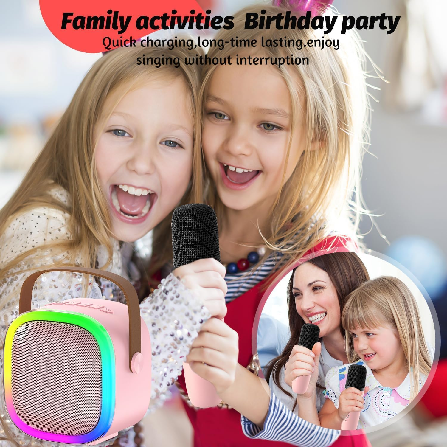 ZONEY Kids Karaoke Machine,Karaoke Microphone Machine Toy with 2 Wireless Microphones, Portable Bluetooth Speaker Gift with Colorful Lights for Girls Boys Family Home Party (Pink) image number 5