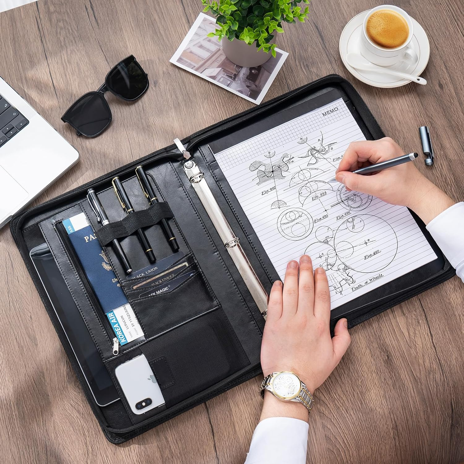 Procase Portfolio 3-Ring Padfolio Folder Organizer, PU Leather Business Planner A4 Notepad Zipper File Binder Clipboard Removable Document Sleeve for Resume Interview Meeting -Black image number 4