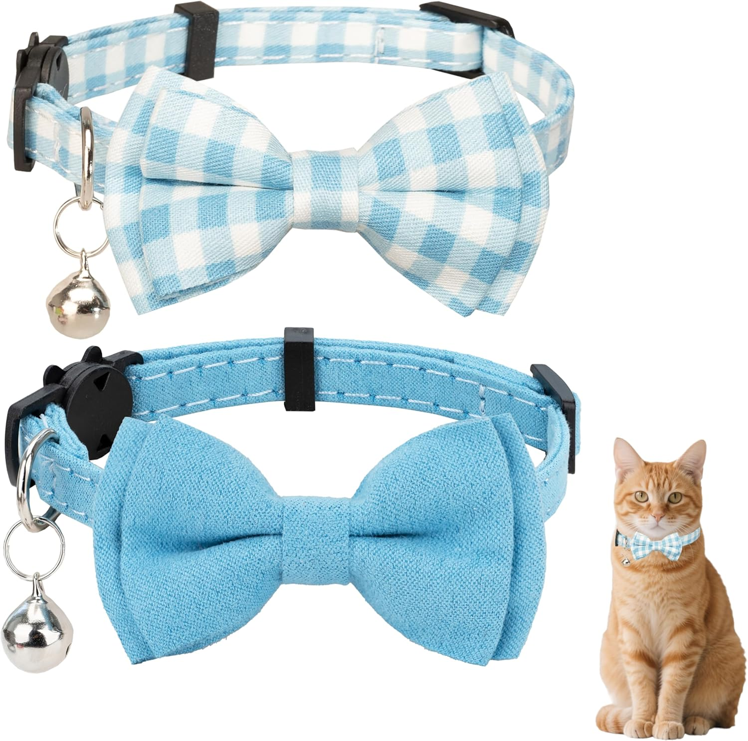 Gyapet Cat Collar Breakaway with Bell Boy Girl Kitten Bow Tie Safety Plaid Solid Color Set Cute Soft Summer [2Pcs] Blue image number 5