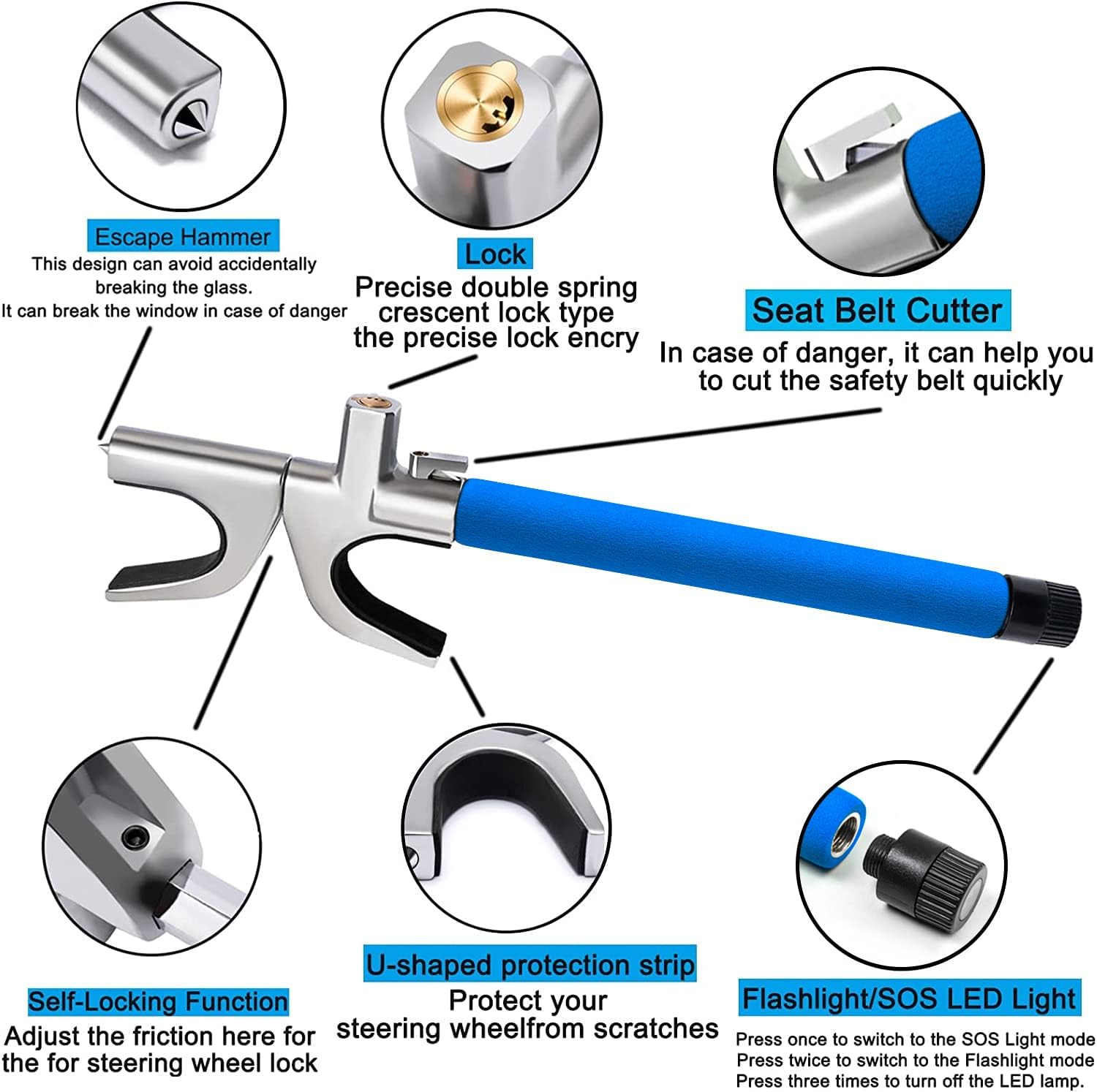 4-In-1 Steering Wheel Lock with Flashlight/Sos LED Ligth,Seat Belt Cutter,Escape Hammer,2 Keys Retractable Steering Lock,Vehicle Anti-Theft Lock，Universal for Auto/Truck/Suv/Van(Blue) image number 1