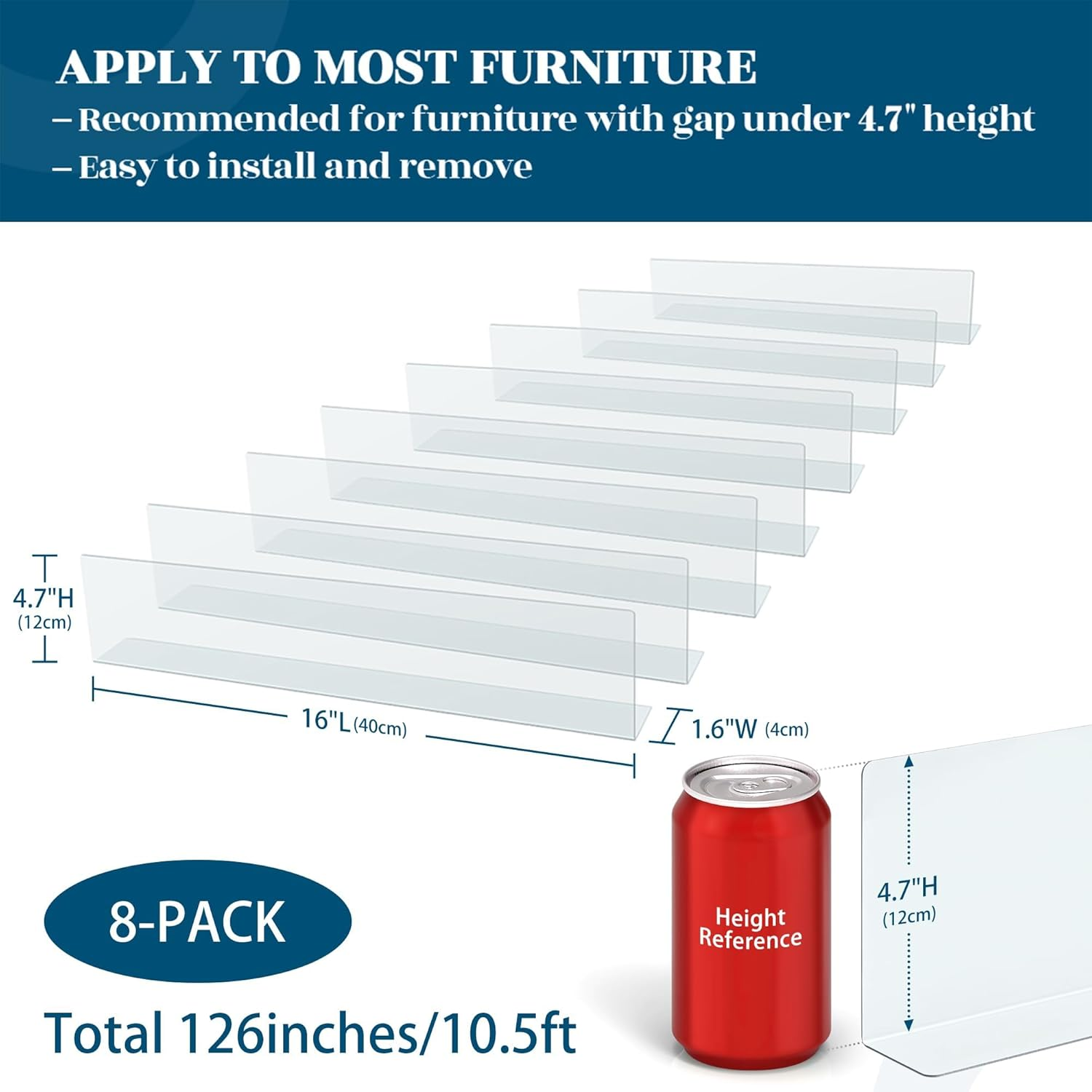 8 Pack under Bed Blocker for Toys - 4.7" High 16" Long Couch Gap Bumper - Stop Clutter Safety PVC Adjustable Clear Guards - Furniture Barrier with Strong Adhesive image number 1