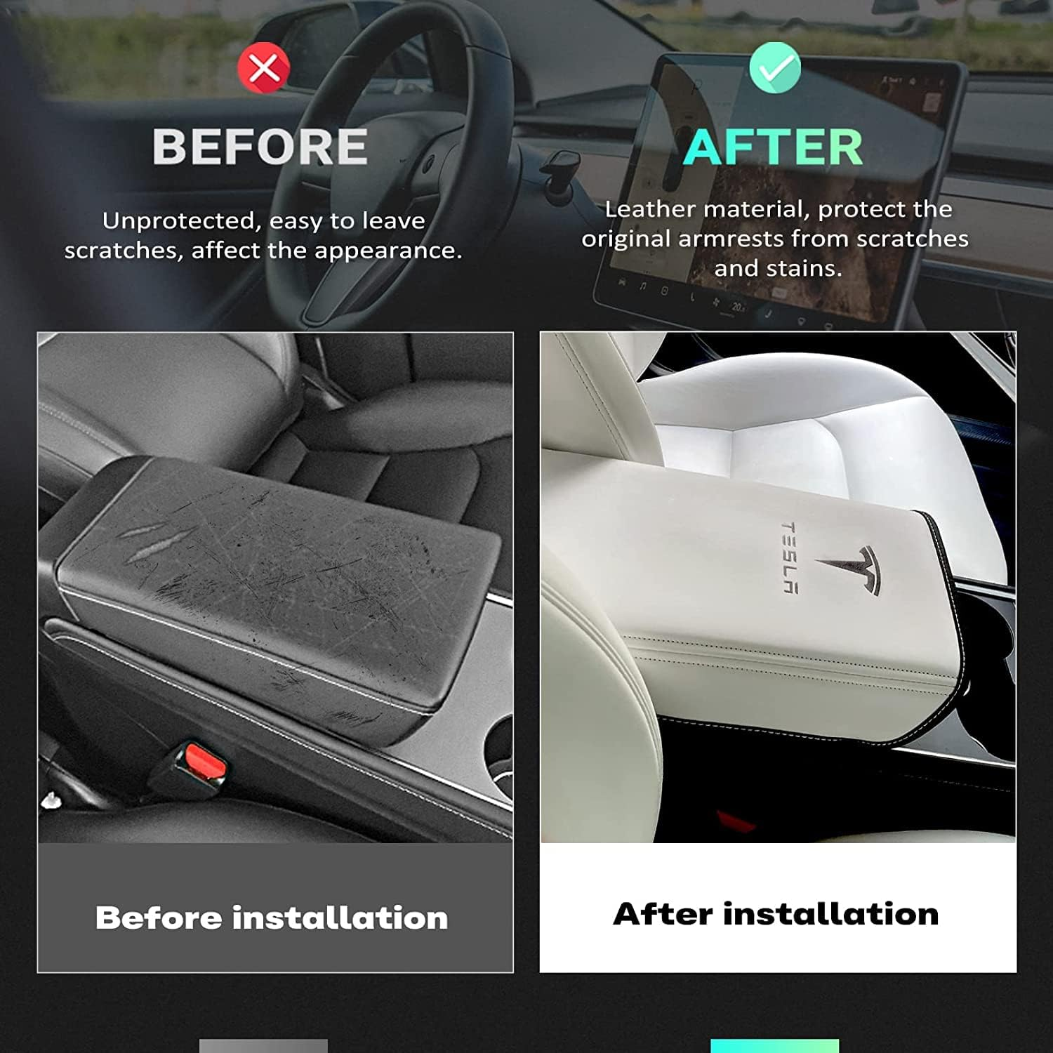 Car Armrest Cover for Tesla Model 3 Model Y,Hoidokly PU Leather Center Console Protector Pad Automobile Waterproof Armrest Box Mat for Model 3 Model Y (White) image number 3
