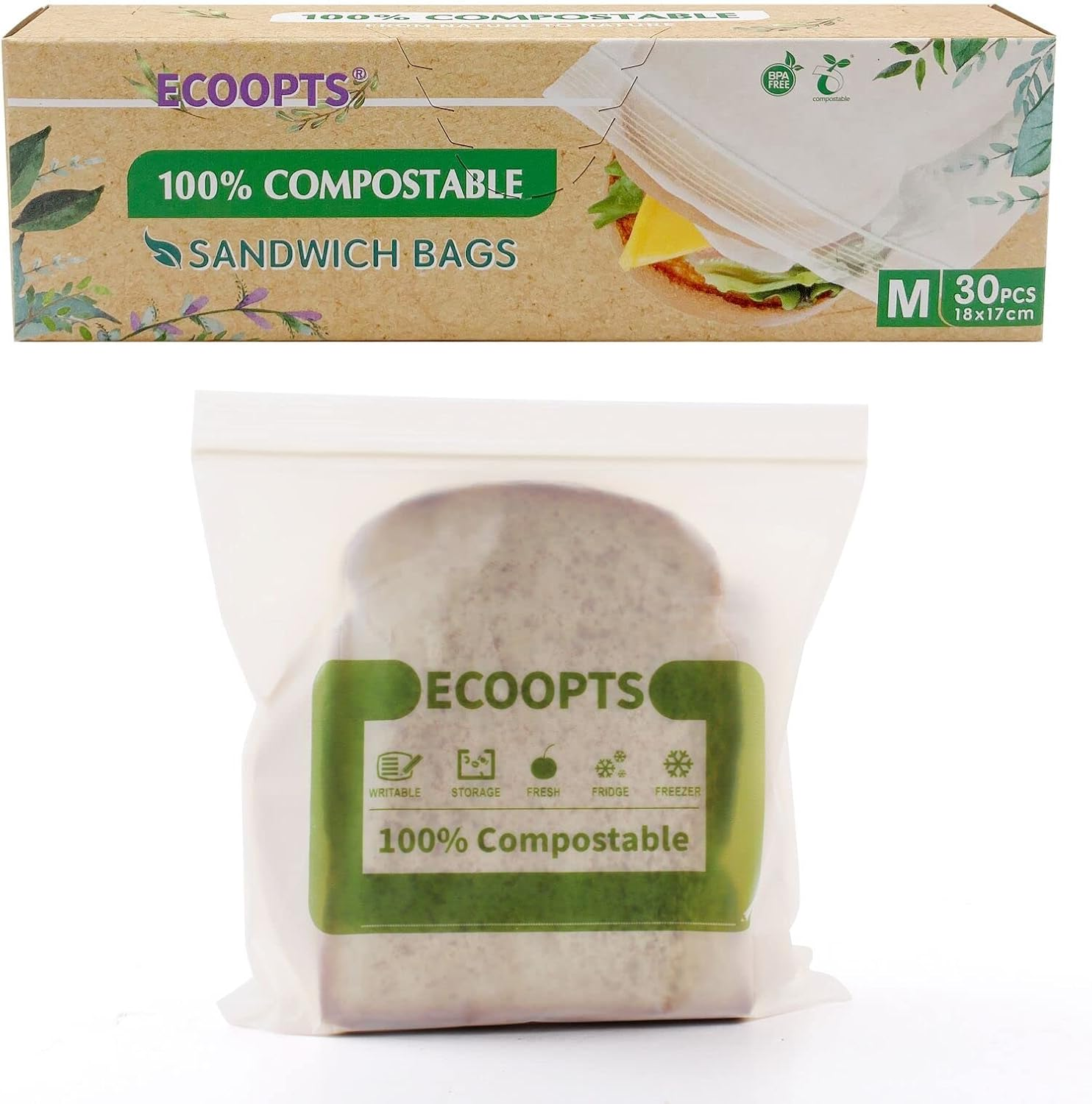 Compostable Food Storage Bags Freezer and Leak Proof, Seal Well for Fruit,Food and Vegetable Plant-Based Bpa-Free (M-Sandwich Bag) image number 2