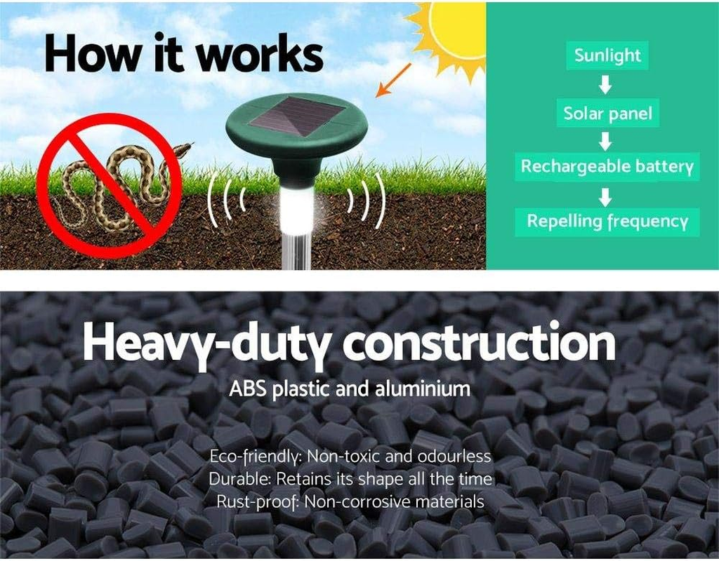 Gardeon LED Snake Repeller, Set of 4 Multi Pulse Solar Powered Repellent Ultrasonic Pest Mouse Repellers Rat Trap Possum Deterrent for Lawns Garden, Water Resistant ABS Plastic 50 X 65Cm image number 6