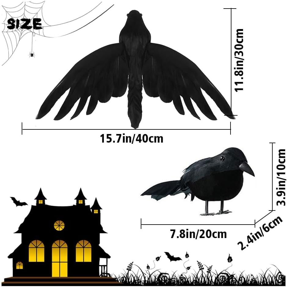 4 Pcs Halloween Crows Realistic Feather Crows Artificial Ravens Spooky Black Feather Crow Bird for Indoor Outdor Party Prop Decorations (Black)