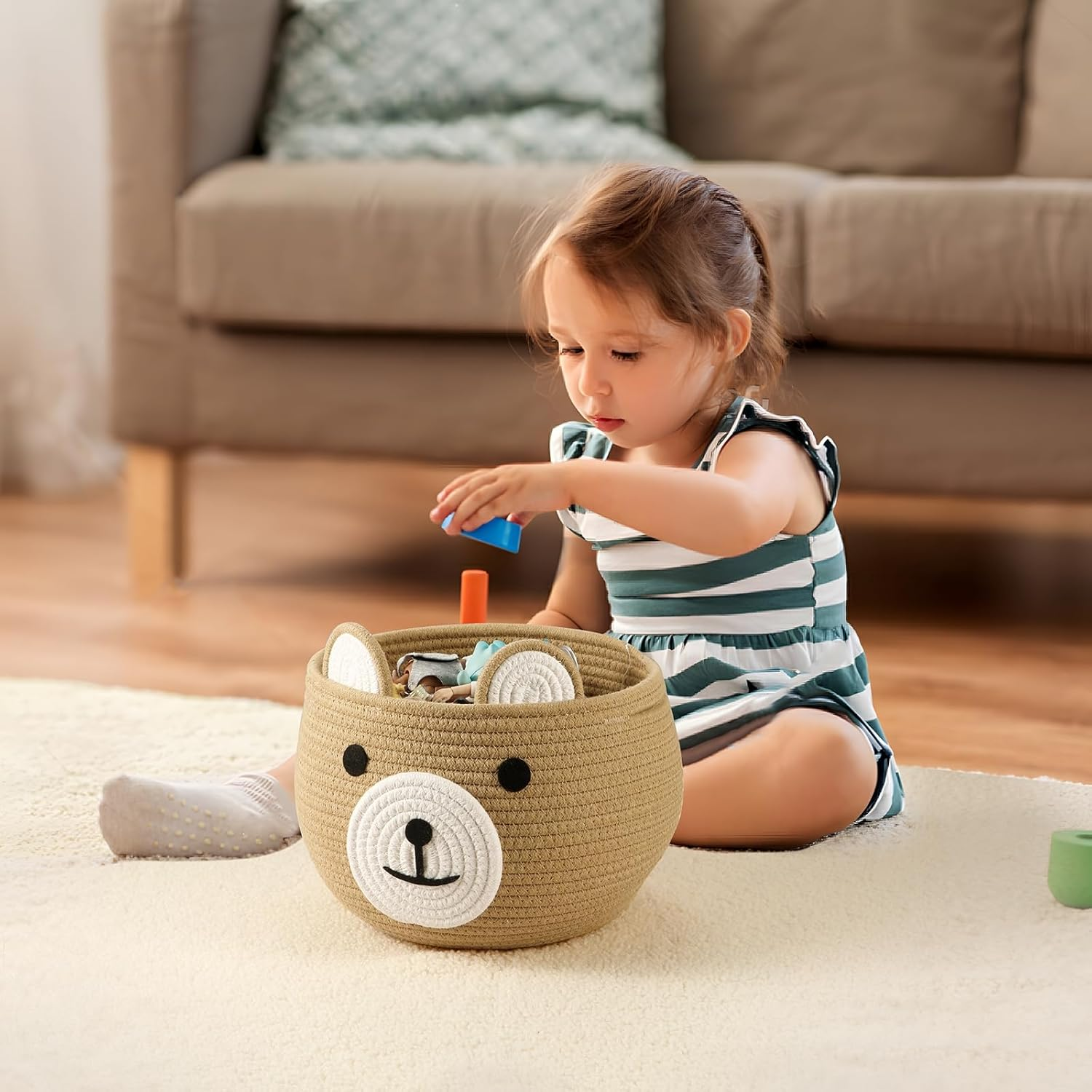 Pandaear Cotton Rope Baby Basket, Baby Gift Basket Nursery Laundry Organizer with Cute Bear Design for Storage Infant Newborn Essentials, Diaper Caddy Basket with Handle image number 2