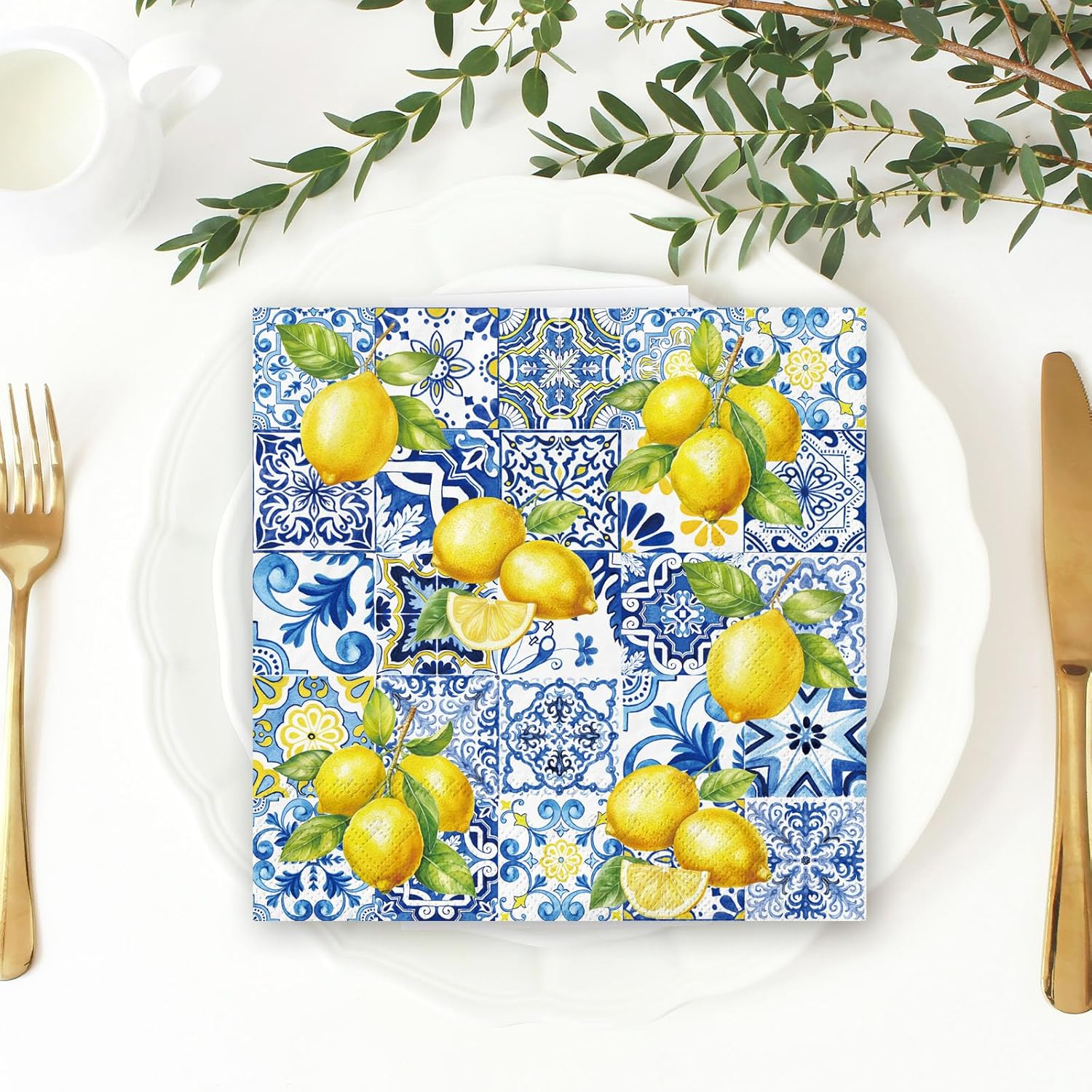 80Pcs Tiles Lemons Paper Napkins Blue Yellow Disposable Napkins Decorative Dinner Napkins Luncheon Napkins for Party Supplies Table Decor image number 4
