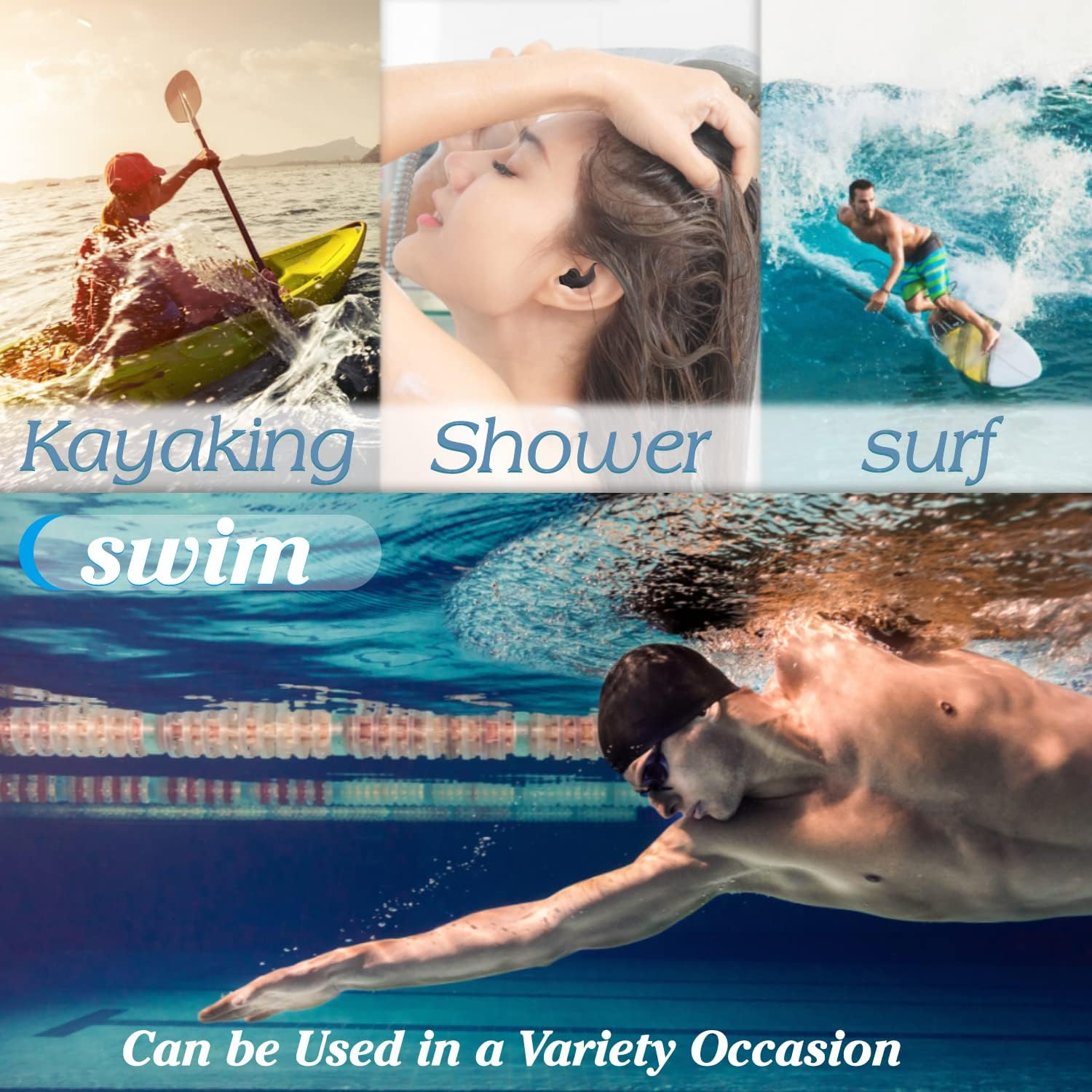 Reusable Ear Plugs for Swimming, 3 Pairs Soft Silicone Waterproof Swim Earplugs with Noise Cancelling for Bathing, Surfing, Swimming, Kayaking and Other Watersports (Adult, Black Blue Purple) image number 4