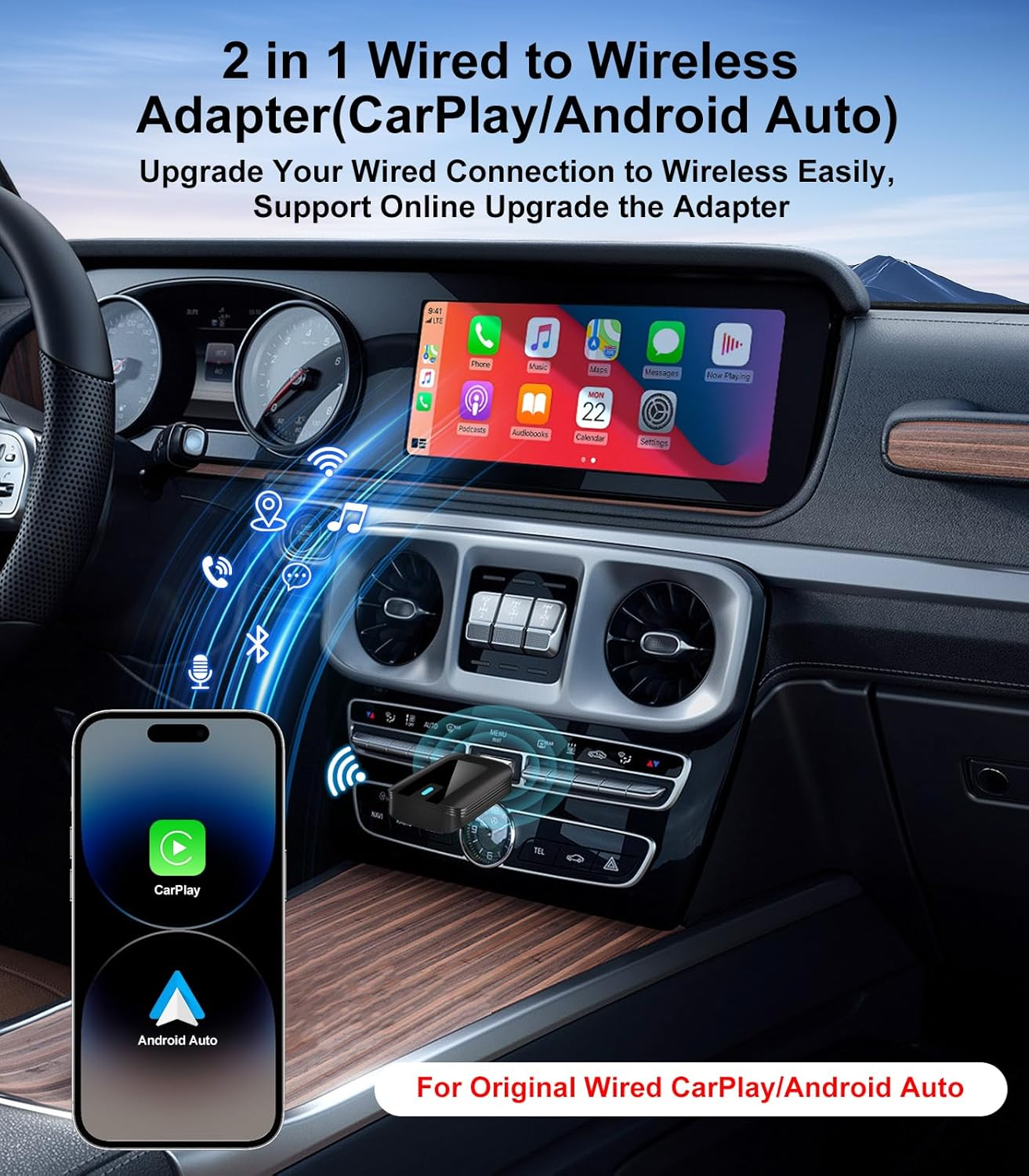 Wireless Carplay Adapter, 2 in 1 Android Auto Plug&Play Magic Link Stable Fast Connection, Convert OEM Wired to Wireless Carplay Dongle Adapter for Iphone Ios 10+/Android 11+, Cars 2016+