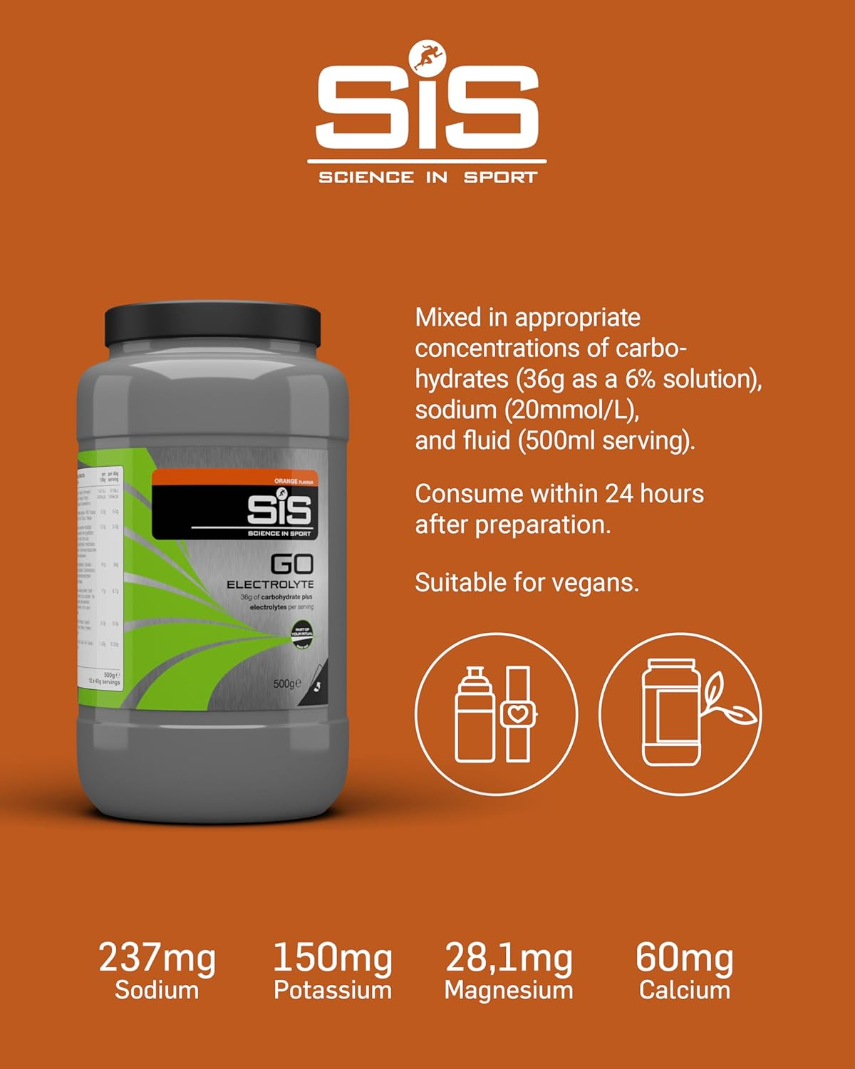 SIS GO Electrolyte Powder Sports Drink - Vegan Carbohydrate Mix Supports Hydration & Energy for Workout - Orange Flavour, 500Gm, 12 Servings image number 6