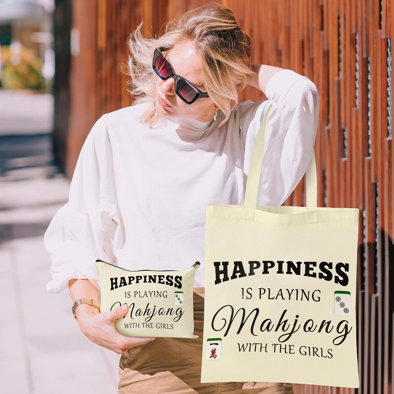 Gioxtra Funny Mahjong Tote Makeup Bag Set - 2Pcs Happiness Mahjong Gifts Tote Shoulder Bag Travel Toiletry Zipper Cosmetic Organizer Pen Purse Pouch for Game Lover Player Women Birthday Gift Supplies image number 2