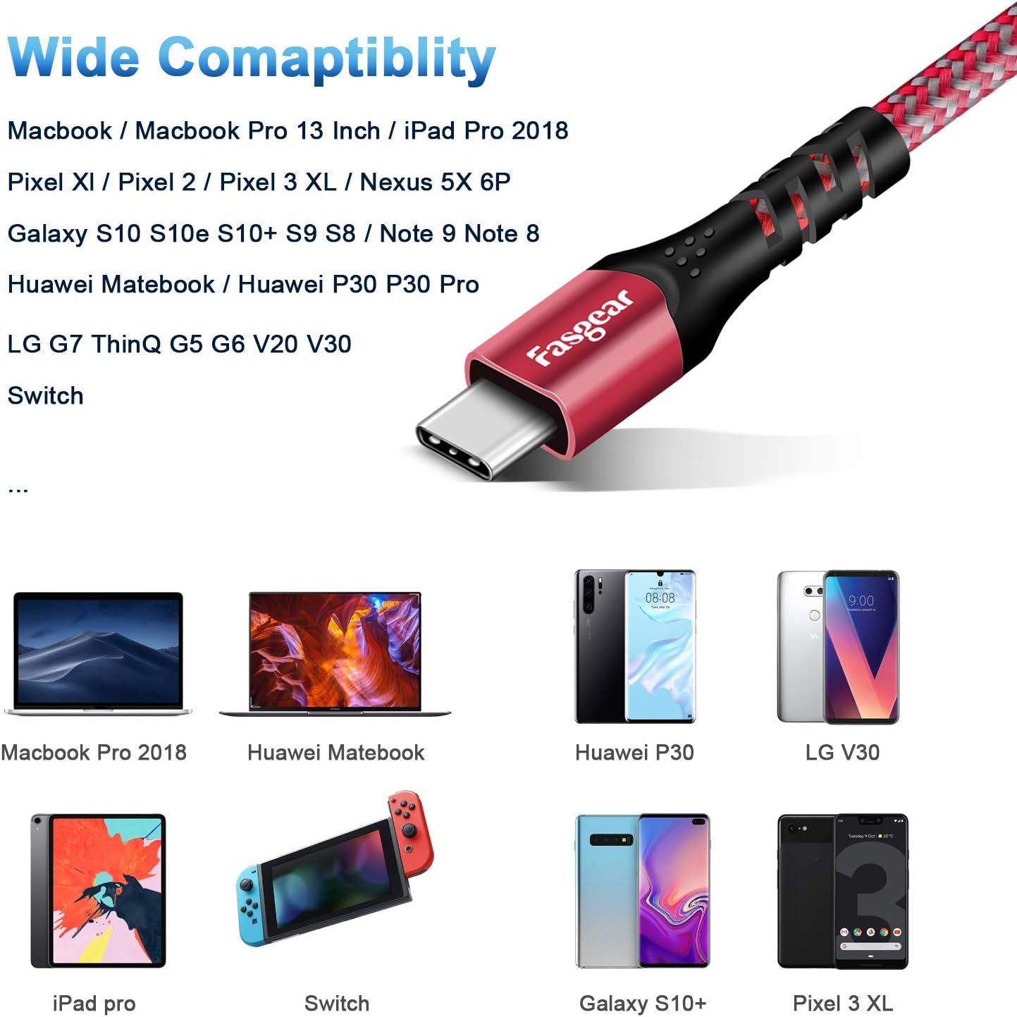 Fasgear USB-C to USB-C Cable, 1 Pack [10Ft] USB 3.1 Type C Gen 2 Fast Charge Cable for Mac-Book Pro,100W 20V/5A Power Delivery, 10Gbps Data Transfer,4K@60Hz Video Output, Quest Link (3M,Red) image number 3