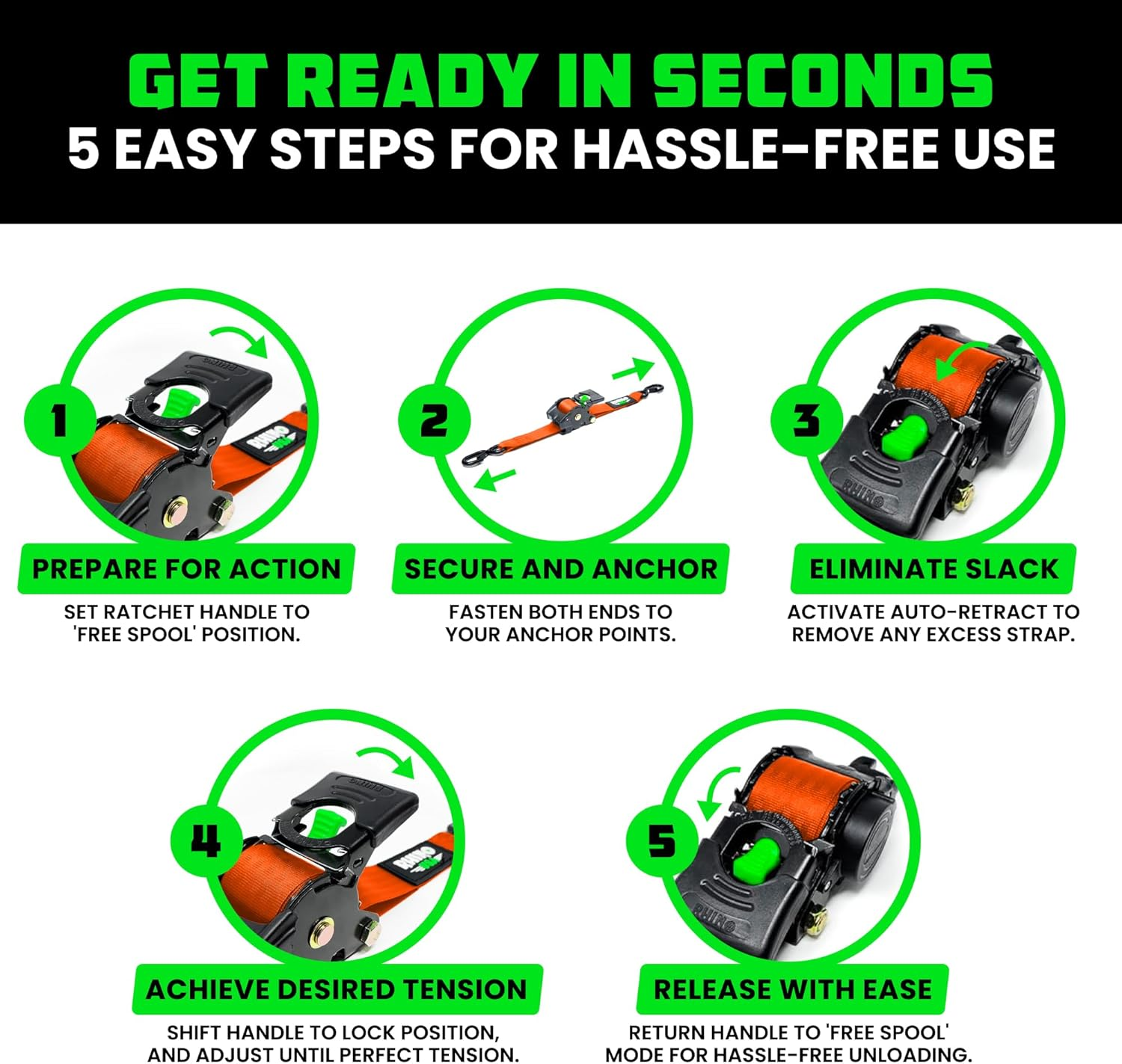 Rhino USA Retractable Ratchet Tie down Straps (Pack of 2) - 3000Lb Break Resistance Including (2) 2" X 10Ft Self Retracting Tie down Straps - Orange image number 4