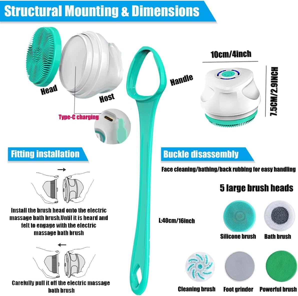 Electric Body Brush, Electric Body Scrubber Spin Scrubber for Shower Bathing Cleansing Wash Deep Cleaning with Siliconewith 5 Attachments Brush Heads Rechargeable IPX67 Waterproof image number 4