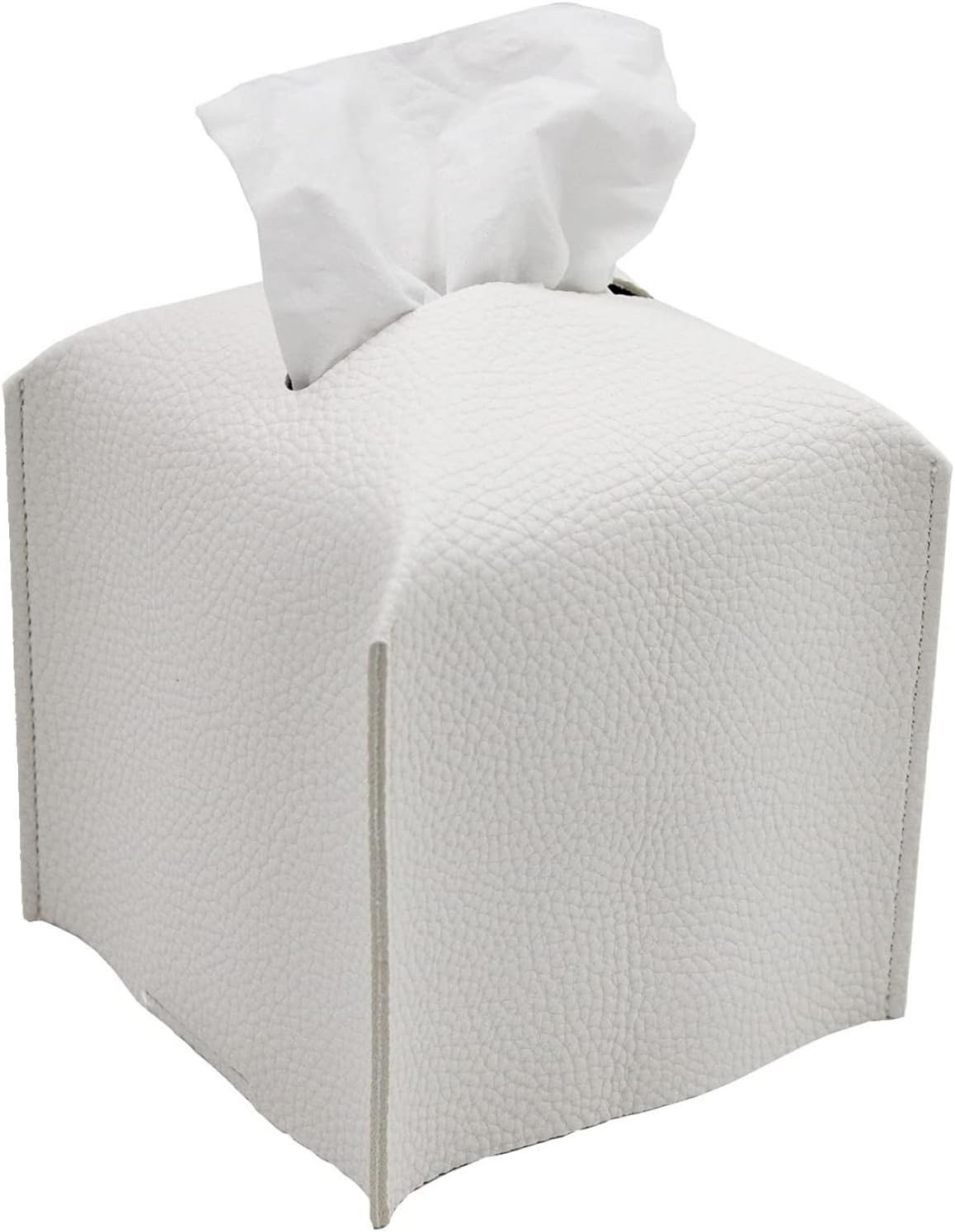 Tissue Holder White Tissue Box Cover, Square Decorative PU Leather Tissue Box Holder with Bottom Belt, JOMWEN Paper Organizer Dispenser for Home, Car, Hotel, Office 5"X5"X5" (Off-White)