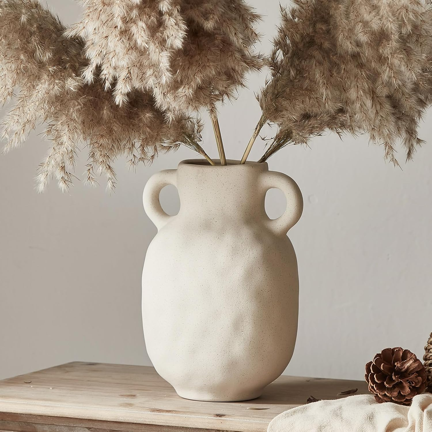 Ceramic Rustic Vase Farmhouse Decor: Beige Pitcher with Handle - Vintage Flower Terracotta Stoneware Jug - Matte Pottery Home Decor for Shelf, Mantel, Centerpiece, Table Decorations