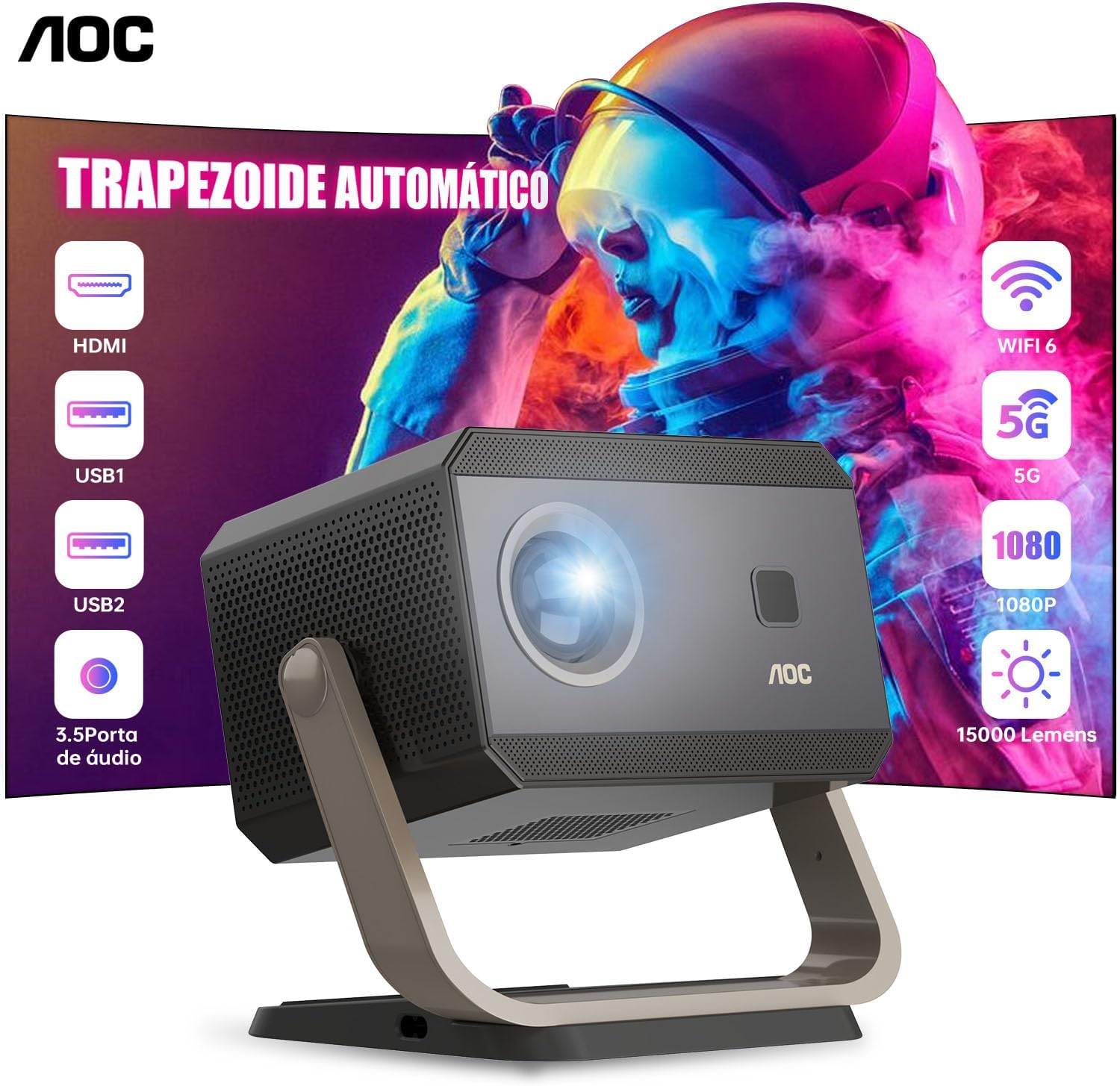 AOC Portable Projector Full HD 4K/1080P,15000 Lumen,500 Ansi,Autofocus/Auto Keystone Correction/Projector with Wifi6 and Bluetooth,Compatible with Ios/Android/Pc/Ps4/Ps5 for Work and Gaming image number 1