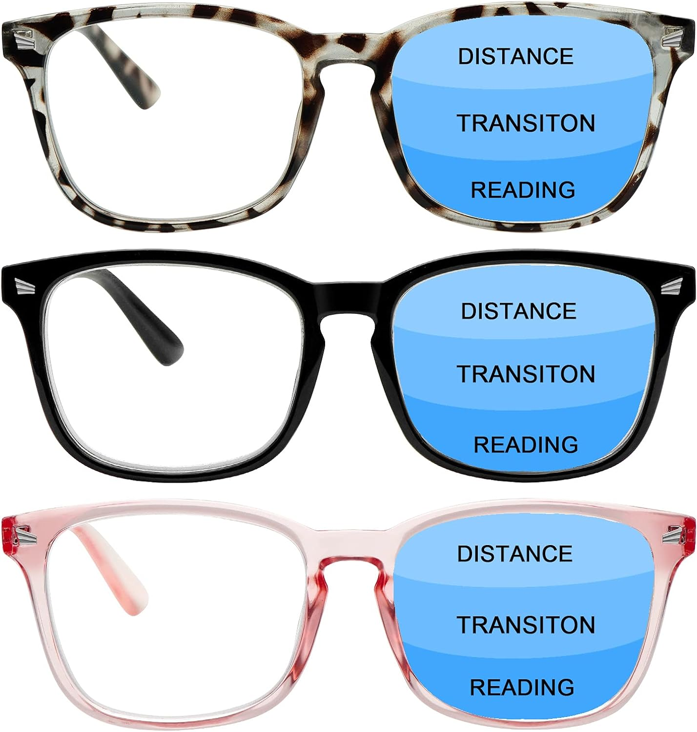 3 Pack Progressive Multifocus Reading Glasses Blue Light Blocking Men Women Spring Hinges Square Computer Readers