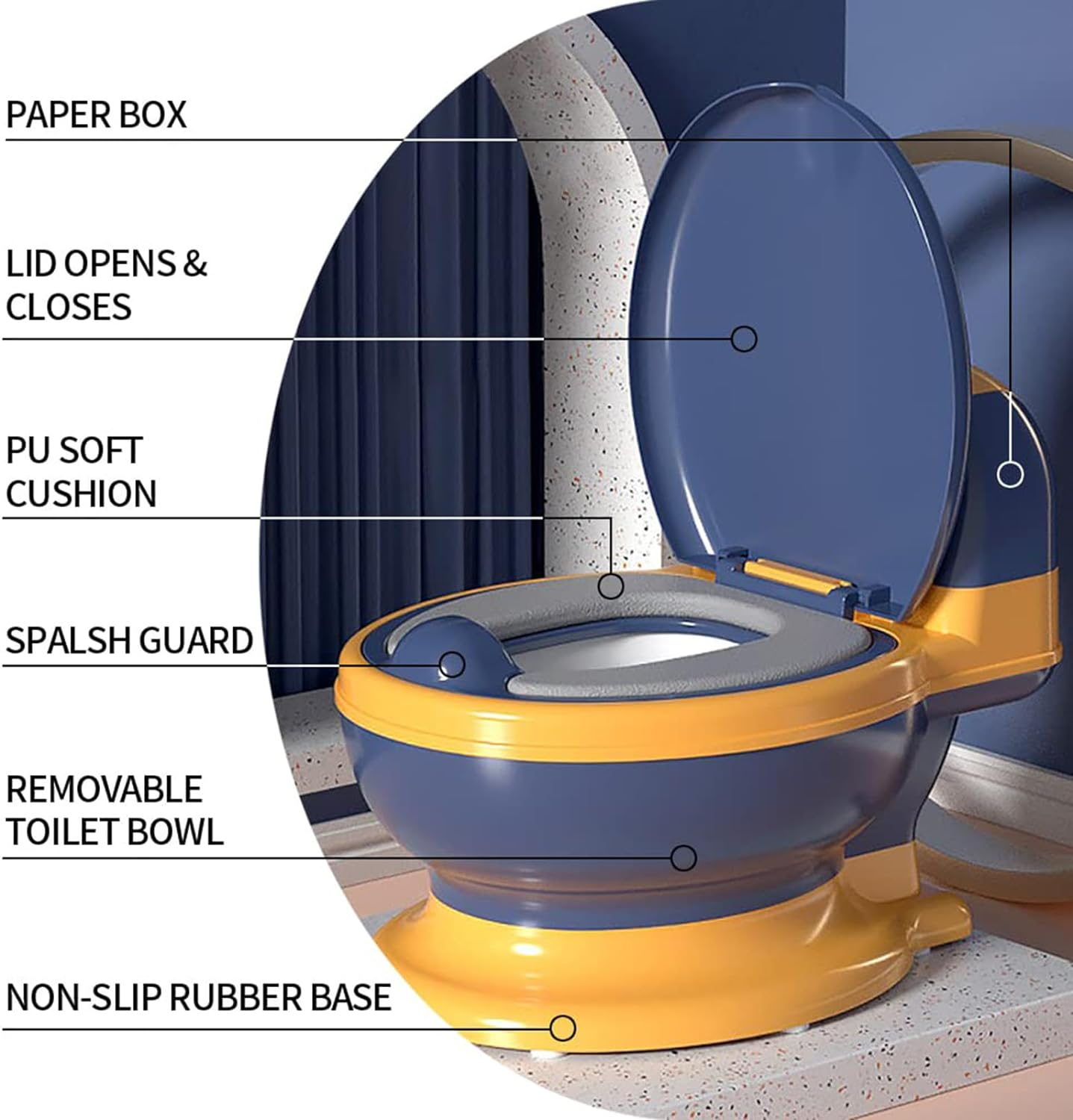 Uandhome Potty Training Toilet, Realistic Potty Training Seat with Toilet Brush, Toddler Potty Chair with Soft Seat, Toilet Tissue Dispenser and Splash Guard, Non-Slip for Toddler& Baby& Girls (Blue) - &middot; image number 4