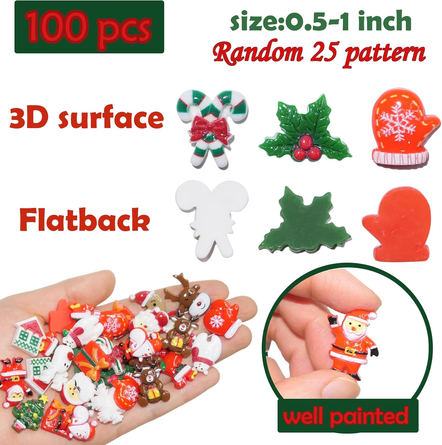 Christmas Resin Charms for Crafts,100 Pcs Flatback Slime Charm Beads Miniature Ornaments for Christmas Embellishments,Craft Supplies and Mini Christmas Decorations image number 5