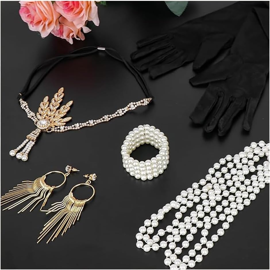 1920S Great Gatsby Accessories Set,Costume Accessories,Includes Headband, Necklace, Gloves, Earrings, Bracelet, Holder image number 1