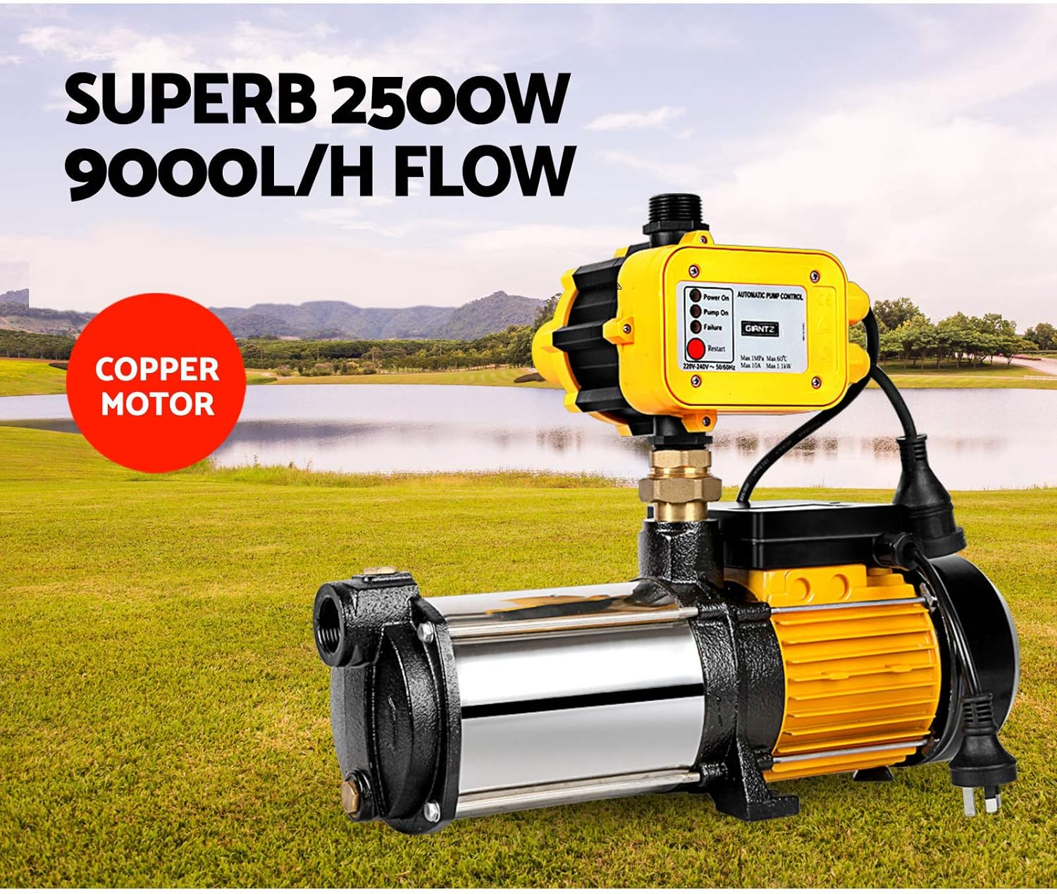 Giantz Water Pump, 2500W Max. 240V Electric High Pressure Garden Pumps Controller Irrigation for Pool Pond Rain Tank Home Farm Clean, Multi Stage Fully Automatic Anti-Rust Yellow image number 4