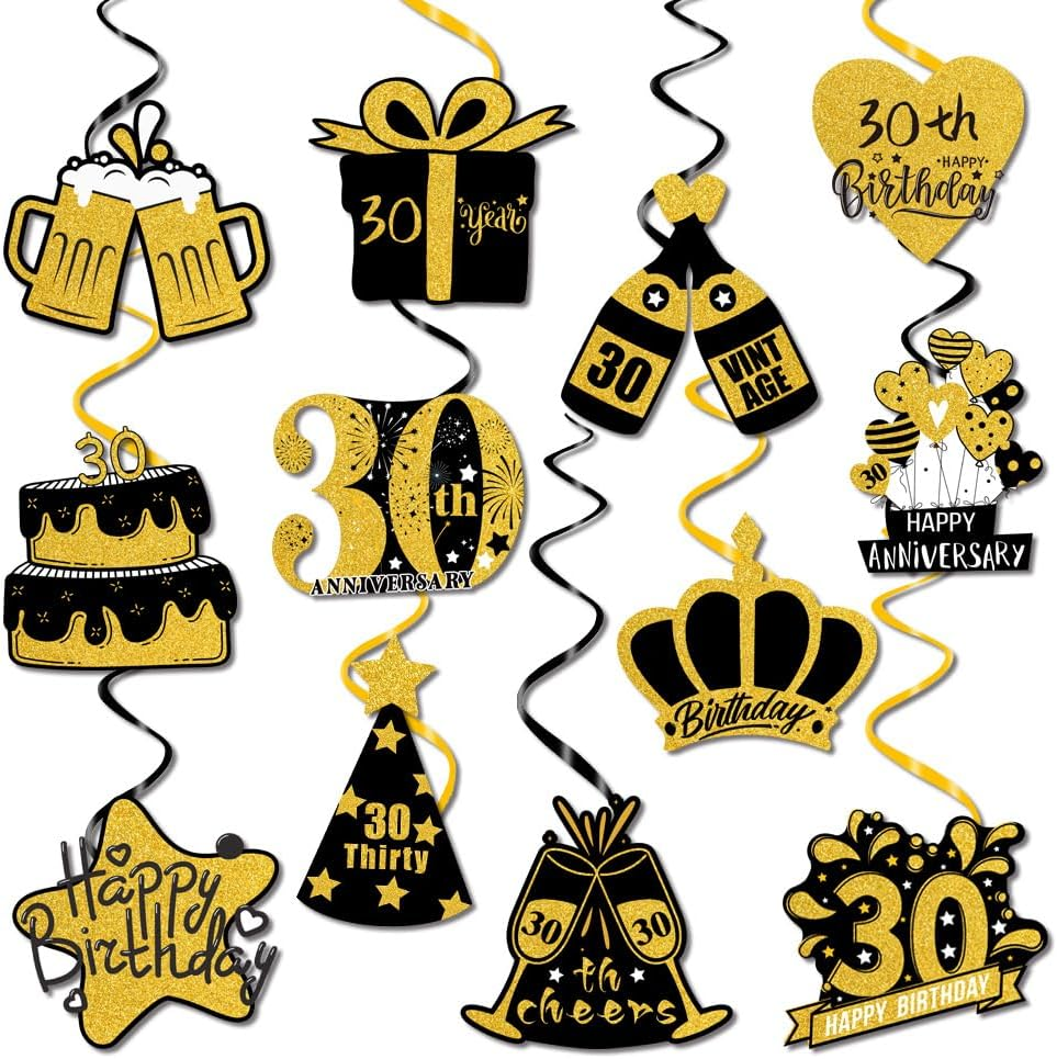 Black and Gold 30Th Birthday Party Decorations Happy Birthday Banner with Hanging Swirls and Cake Topper Ceiling Streamers Decor for Birthday Party Supplies (30Th) image number 5